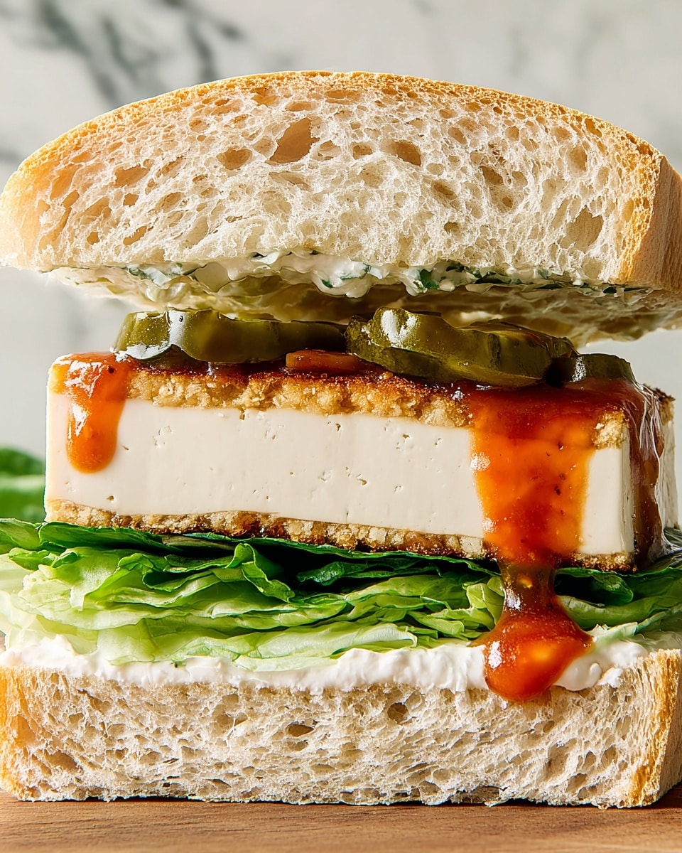 A close-up cross-section of a sandwich showing four layers stacked between two pieces of soft, light beige bread with a slightly crusty outer edge and airy texture. The bottom slice of bread is topped with a thin layer of white creamy spread. Above it sits a fresh, bright green leafy lettuce layer with visible crinkles. On top of the lettuce is a thick, solid, off-white tofu slice coated with a thin, crispy, darker brown crust on the top and bottom edges. A glossy red-orange sauce drips down the tofu’s sides. Above the tofu are two small slices of green pickle, partially covered by more of the creamy white spread, which also spreads slightly on the top bread slice. The sandwich is set against a white marbled surface. photo taken with an iphone --ar 4:5 --v 7