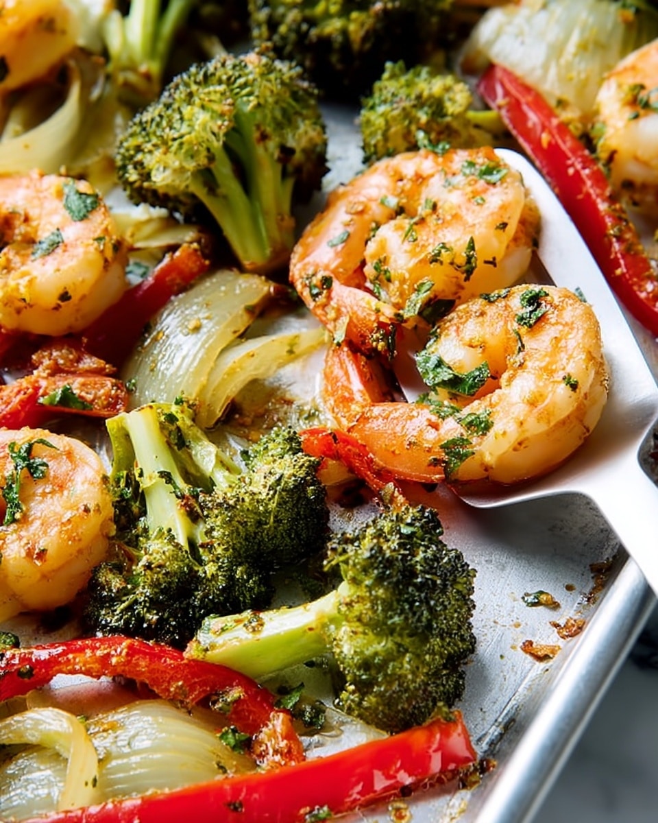 The image shows a close-up of a cooked shrimp and vegetable dish on a white spatula resting on a metal tray, set on a white marbled surface. The dish has three main layers: pinkish-orange shrimp with flecks of green herbs scattered on top, bright green roasted broccoli with a slightly charred texture, and a mix of translucent light yellow onion slices and vibrant red bell pepper strips. The colors are vivid and the textures show a slight gloss from seasoning or oil, with small bits of herbs and spices sprinkled over everything. Photo taken with an iphone --ar 4:5 --v 7