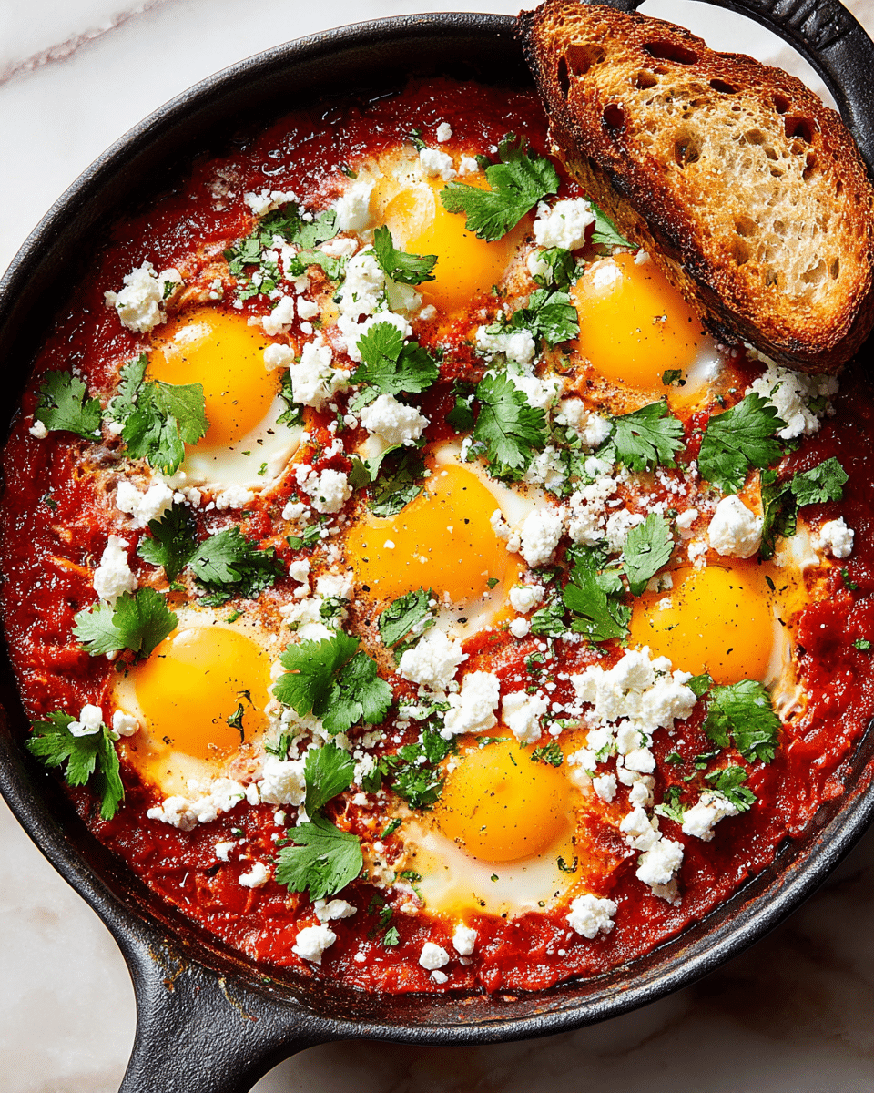 A black skillet filled with a deep red tomato sauce forms the base layer, with five bright yellow egg yolks surrounded by cooked but still soft white eggs placed evenly on top. Crumbled white cheese is sprinkled over the entire dish along with fresh green cilantro leaves scattered across. A toasted slice of golden brown bread rests at the edge of the skillet, half dipped into the sauce. The skillet sits on a white marbled surface. Photo taken with an iphone --ar 4:5 --v 7