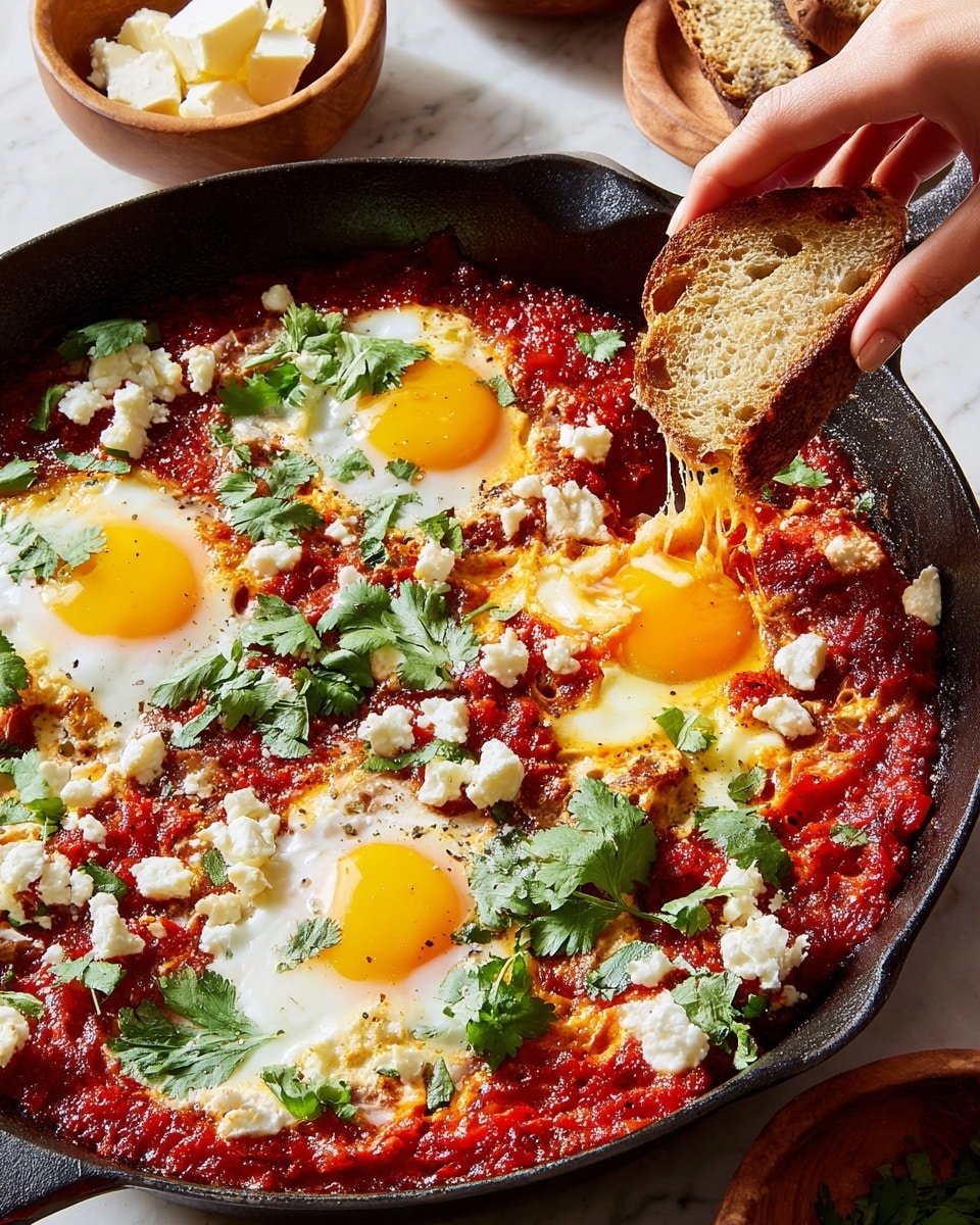 A cast iron skillet filled with a layered dish starting at the bottom with a rich red tomato sauce textured with small chunks, then topped with four sunny side up eggs with bright yellow yolks and soft white edges. Over the eggs and sauce are scattered white chunks of cheese and bright green cilantro leaves. A woman's hand is shown dipping a piece of toasted bread into one of the runny yolks, stretching golden yolk and the rich red sauce from the skillet. The skillet sits on a white marbled surface, with wooden bowls in the background containing light-colored soft cheese and leafy greens. Photo taken with an iphone --ar 4:5 --v 7