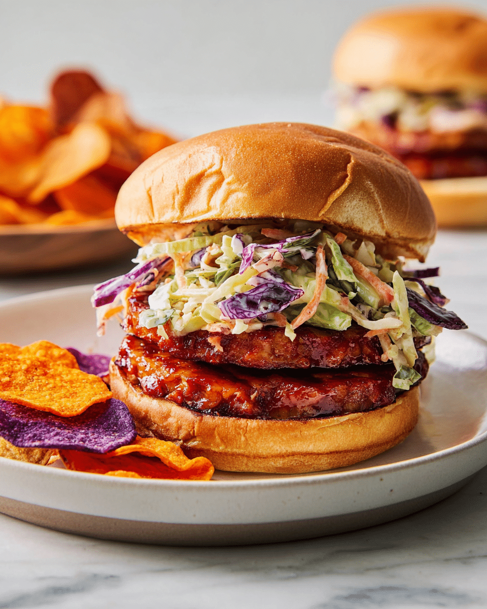 A sandwich sits on a white plate with a soft, light brown bun on top. Inside, there are three thick, glossy, reddish-brown grilled patties stacked evenly. On top of the patties is a colorful layer of coleslaw with shredded green, purple, and white cabbage mixed with light dressing. The sandwich is placed beside a small pile of vibrant vegetable chips in orange, purple, and light brown colors. The setting has a white marbled surface, and another similar sandwich is blurred in the background. Photo taken with an iphone --ar 4:5 --v 7