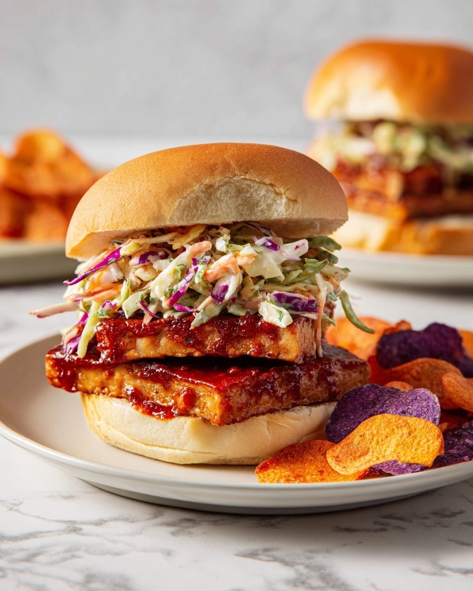 The image shows a sandwich on a white plate placed on a white marbled surface. The sandwich has four main layers: the bottom is a soft white bun, followed by three stacked pieces of grilled and sauced tempeh that are reddish-brown with a slightly glossy texture. On top of the tempeh is a colorful coleslaw layer with chopped cabbage in shades of green, white, and purple mixed with a creamy dressing. The sandwich is finished with a soft golden-brown top bun. Beside the sandwich on the plate, there is a small pile of multicolored vegetable chips in shades of orange, purple, and light brown. In the background, there is another similar sandwich slightly out of focus. photo taken with an iphone --ar 4:5 --v 7