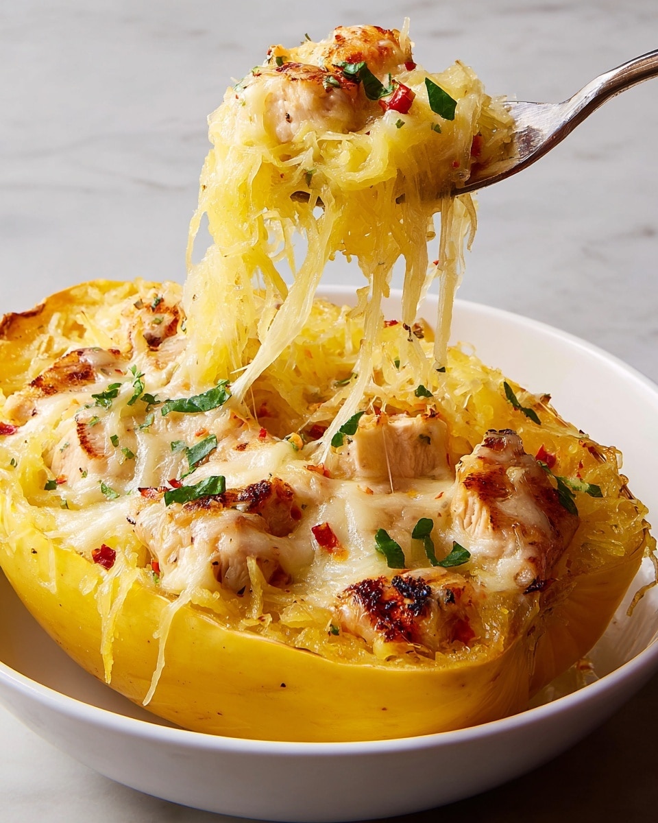 A white bowl filled with a baked dish made from spaghetti squash, showing the yellow shredded strands softened and covered in a layer of melted, golden-brown cheese. Large chunks of cooked chicken sit on top mixed with the cheese layer. Small green herbs and red pepper flakes are scattered lightly across the surface, adding color contrast. A silver spoon lifts some gooey cheese and squash strands above the dish. This bowl rests on a white marbled surface. photo taken with an iphone --ar 4:5 --v 7