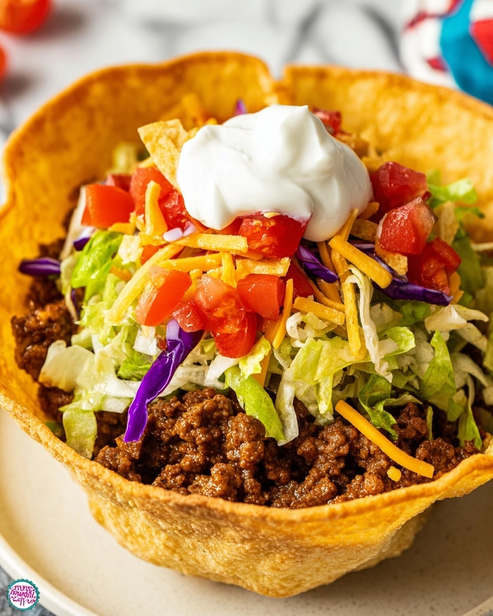 A crispy, golden tortilla shell bowl sits on a white plate with a white marbled background. Inside the bowl, the bottom layer is a crumbled ground beef mixture in a deep brown color and coarse texture. Above it is a layer of finely shredded pale green lettuce, topped with chopped bright red tomatoes. Scattered on top are thin strips of red and purple crispy tortilla chips, mixed with shredded yellow and white cheese. The center has a dollop of smooth, white sour cream, adding contrast to the vibrant colors. Photo taken with an iphone --ar 4:5 --v 7