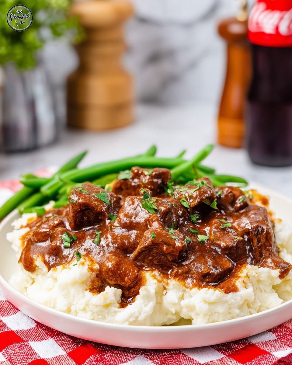 The dish shows a white plate filled with a creamy, white layer of mashed potatoes at the bottom, topped with a thick, glossy brown beef stew containing chunks of tender meat in rich sauce, sprinkled with small pieces of green parsley for garnish. To the left side of the plate, there is a side of bright green beans adding a fresh color contrast. The plate rests on a red and white checkered cloth, set against a white marbled texture background, with a blurry dark brown bottle and kitchen items behind. Photo taken with an iphone --ar 4:5 --v 7