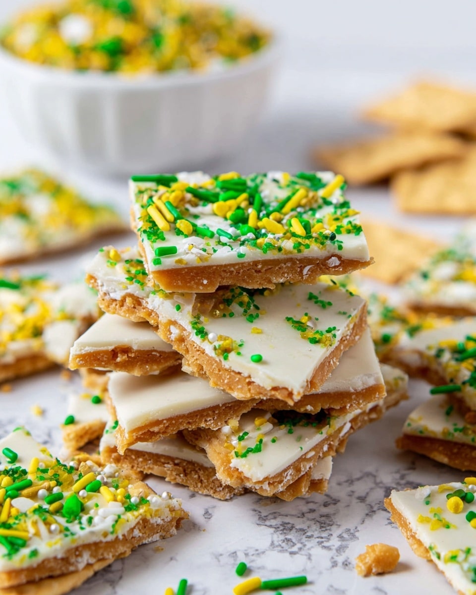 The image shows a close-up of several pieces of cracker toffee stacked and spread on a white marbled surface. Each piece has two layers: a golden-brown crunchy base layer and a smooth, white chocolate topping. The top layer is decorated with bright green, yellow, and dark green sprinkles of various shapes like small dots and thin sticks. The toffee pieces vary in size and shape, with some broken edges visible. In the background, there is a white bowl filled with more colorful sprinkles and some plain crackers partially visible, also on the white marbled surface. photo taken with an iphone --ar 4:5 --v 7