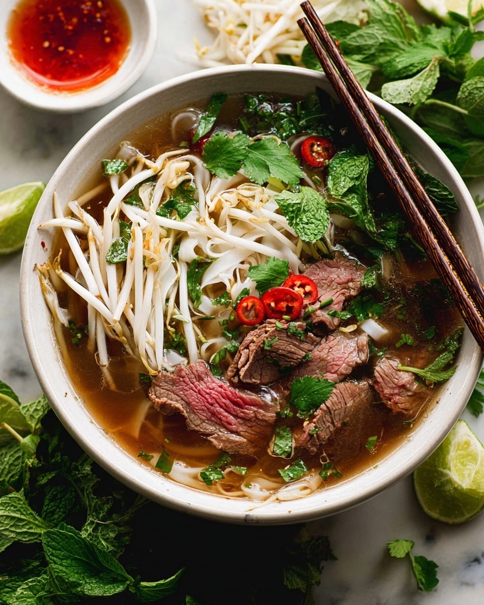 A white bowl filled with clear, brown broth and thick white noodles at the bottom layer. On top, there are slices of cooked beef with some pieces showing a pink center, scattered thinly, surrounded by white bean sprouts, bright green herbs like cilantro and basil, and small red chili slices. Resting on the bowl’s edge are wooden chopsticks. The bowl sits on a white marbled surface with lime wedges, more bean sprouts, and fresh herbs around it. A small white bowl with red sauce is also visible nearby. Photo taken with an iphone --ar 4:5 --v 7