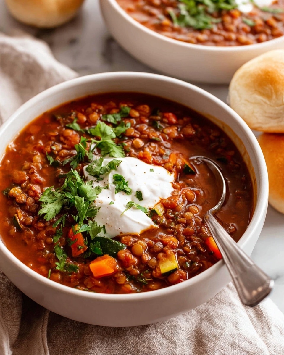 A white bowl filled with thick reddish-brown lentil soup that has visible small pieces of orange carrot, green zucchini, and red tomato layered inside. On top of the soup, there is a dollop of smooth white sour cream spread partly across the surface, garnished with bright green fresh cilantro leaves. A silver spoon is resting inside the bowl, partially submerged in the soup. In the background, there is another white bowl with the same soup, and some soft, round bread rolls on a white marbled surface, with a light beige cloth under the main bowl. photo taken with an iphone --ar 4:5 --v 7
