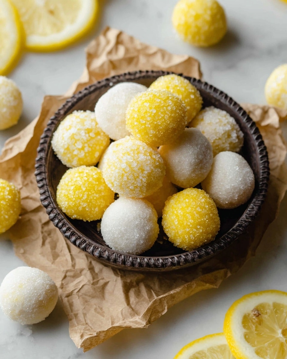 A dark bowl with a textured edge is filled with two types of round sweets: bright yellow ones covered in sugar crystals and plain white powdery ones. The bowl sits on crumpled brown paper on a white marbled surface. Around the bowl, there are additional yellow and white sweets scattered, along with several lemon slices in the background. The image highlights the contrast between the yellow sugary coating and the soft, white powder finish of the sweets. Photo taken with an iphone --ar 4:5 --v 7