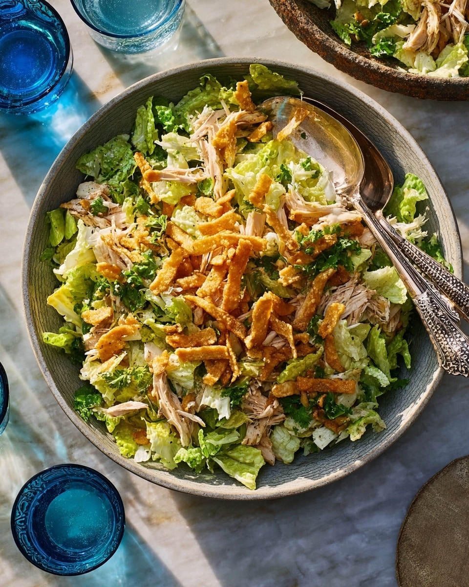 A large round gray bowl filled with a fresh salad placed on a white marbled surface, showing multiple layers starting from bright green and yellow lettuce leaves at the base with light texture and natural wrinkles, scattered around are shredded light brown chicken pieces with a fibrous texture, topped with Crispy golden-brown fried strips that have bubbly surfaces, and sprinkled with small green herb leaves. Two silver serving spoons with intricate engraved handles rest partly inside the bowl, and there are two blue glasses filled with water in the background. The scene is lit with natural sunlight, creating soft shadows. Photo taken with an iphone --ar 4:5 --v 7