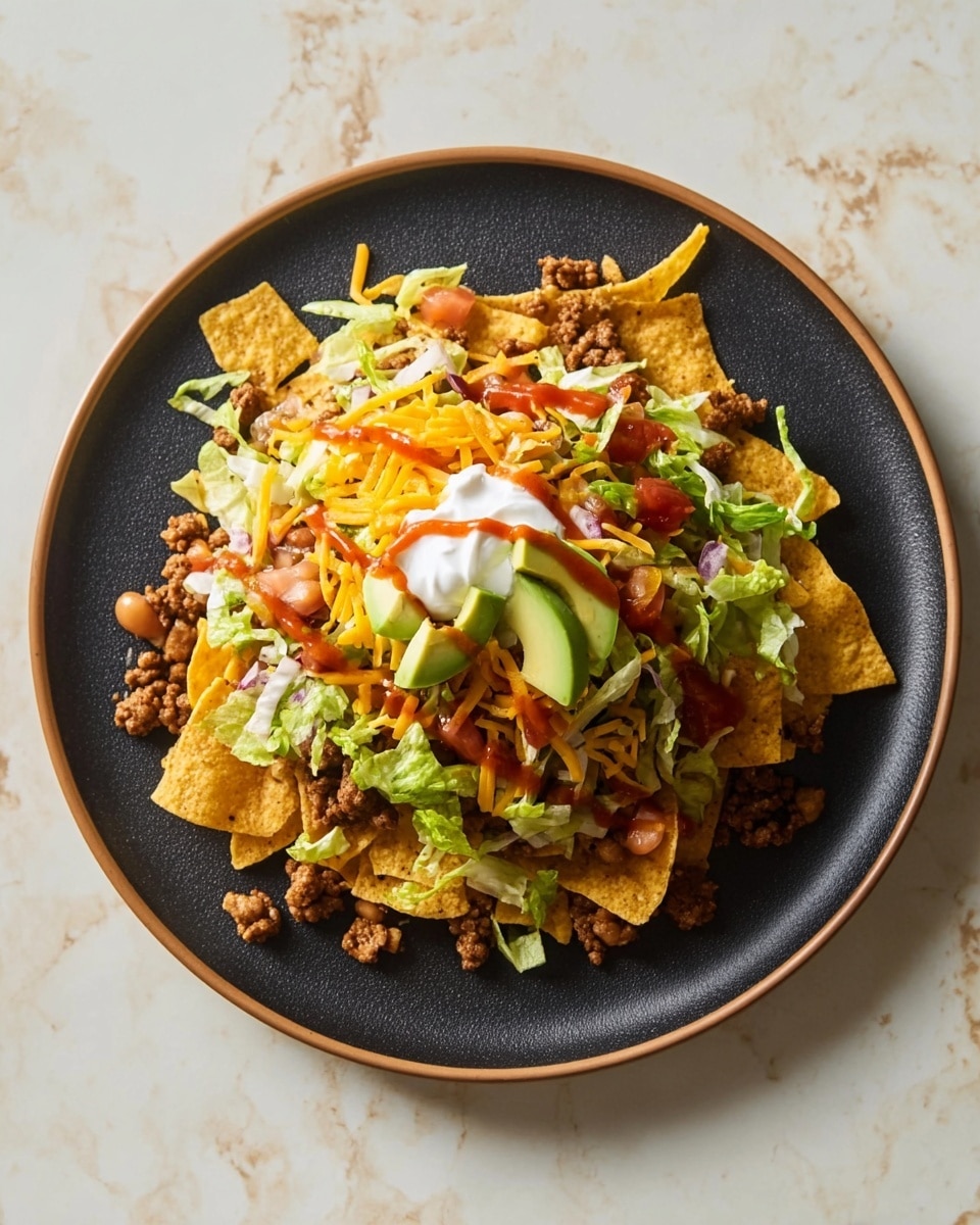 A plate shows three layers of food arranged in a pile on a dark round plate with a thin brown edge placed on a white marbled surface. The bottom layer is golden, broken tortilla chips forming a crunchy base with some small chunks scattered around the edges. The middle layer consists of cooked ground beef and pinto beans mixed together, adding a rich brown color and soft texture, with chopped green lettuce and small pieces of red tomato spread evenly. The top layer features thin orange shredded cheese spread generously, a dollop of white sour cream, a few slices of light green avocado, and a drizzle of red salsa on one side. Photo taken with an iphone --ar 4:5 --v 7