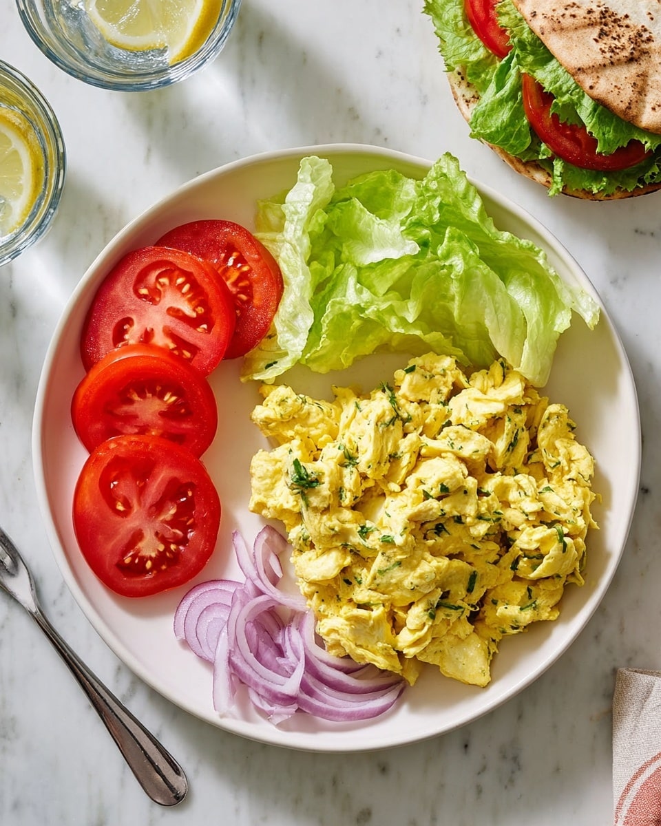 A white plate holds a white bowl filled with fluffy yellow scrambled eggs mixed with green herbs on the right side. To the left of the bowl, there are four bright red tomato slices arranged in a neat row at the top. Below the tomato slices, three fresh, light green lettuce leaves are stacked lightly overlapping each other. At the bottom right side of the plate, there are several thin red onion rings in a small pile. The plate sits on a white marbled surface with two glasses of water with lemon slices nearby, and a pita sandwich with similar fillings is partly visible in the top right corner. Photo taken with an iphone --ar 4:5 --v 7
