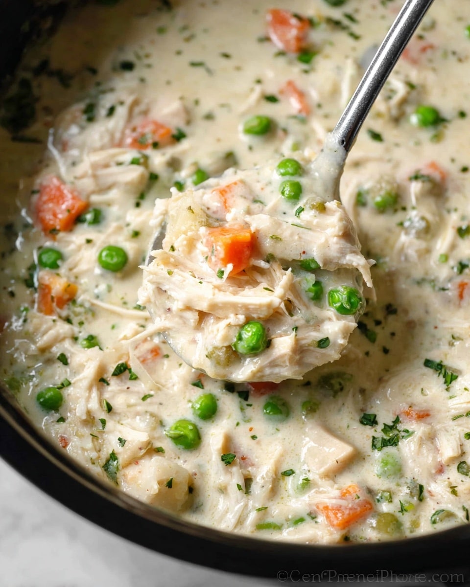 A close-up of a creamy stew in a black pot, showing a thick white base mixed with chunks of shredded chicken, bright green peas, and small orange carrot cubes, dotted with bits of fresh chopped green herbs. A spoon holding a scoop of the stew is lifted slightly, revealing the rich texture and mix of ingredients. The background features a white marbled texture. photo taken with an iphone --ar 4:5 --v 7