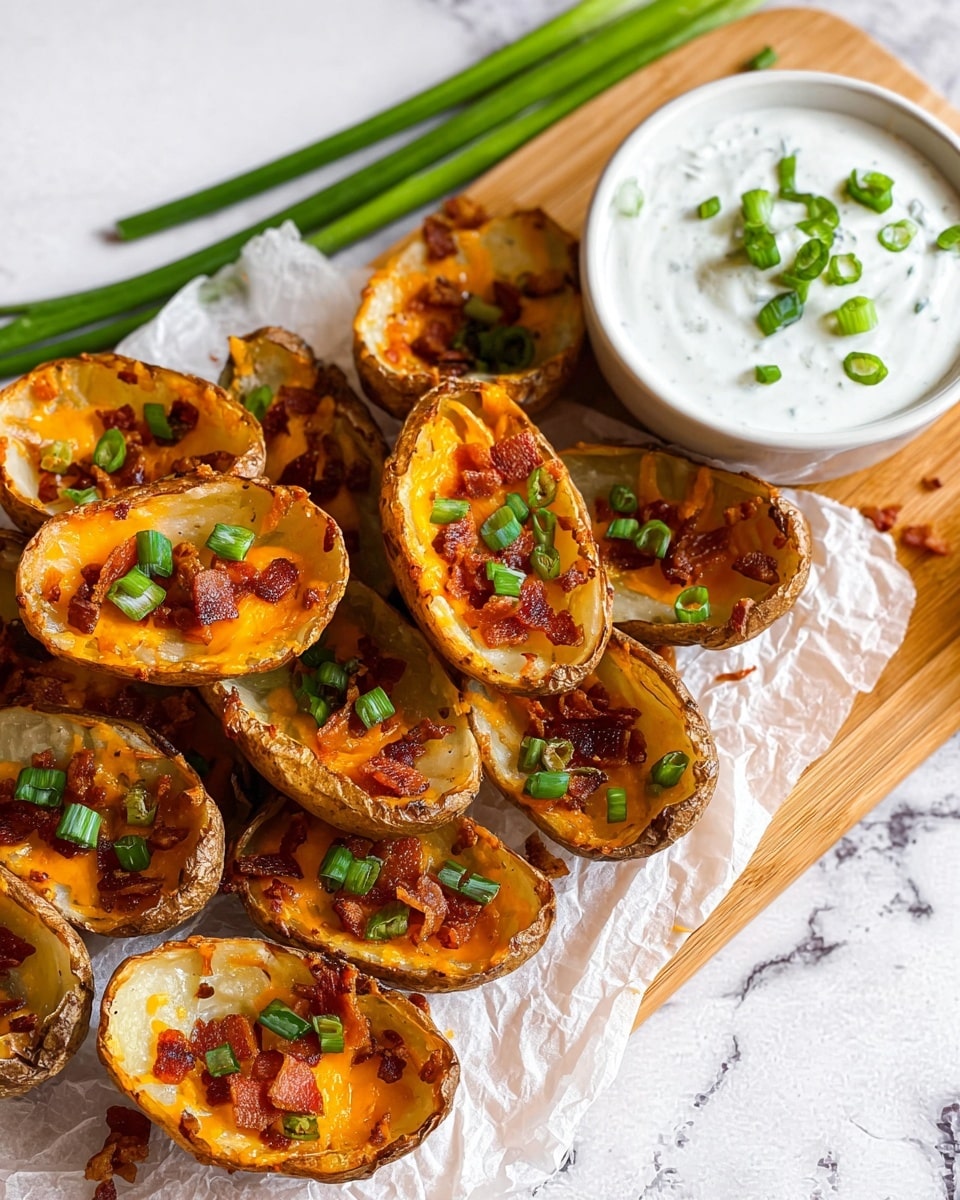 The image shows a pile of potato skins on white crumpled paper, placed on a light wooden board over a white marbled surface. Each potato skin is hollow and golden brown with a crispy texture. Inside, there is a smooth, melted orange cheddar cheese layer topped with small, crispy bacon bits scattered unevenly. Bright green chopped scallions are sprinkled on top, adding color contrast. To the top right, there is a round white bowl filled with thick white sour cream, topped with a few pieces of chopped scallions. Some whole scallions rest diagonally at the top left corner of the image. Photo taken with an iphone --ar 4:5 --v 7
