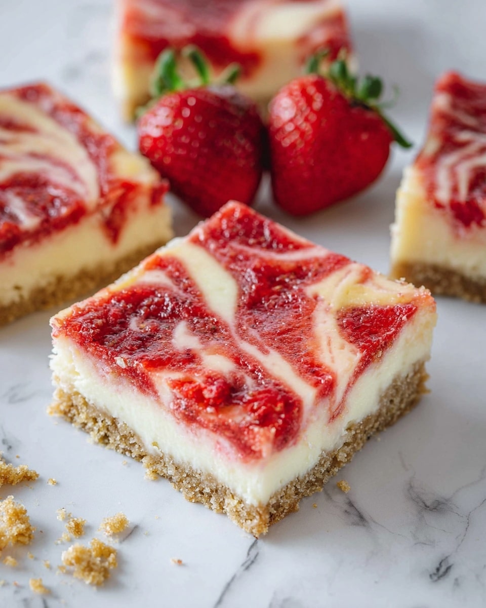 A close-up of a square slice of dessert bar showing three visible layers: the bottom layer is a crumbly, golden-brown crust with a rough texture, the middle layer is thick and creamy with a pale off-white color, and the top layer is a mix of melted cherries or strawberries with their bright red juices swirled into the cream giving it a marbled look. The dessert is on white parchment paper with some crumbs around, and part of a fresh red strawberry with green leaves is visible on the right side. The background is a white marbled texture. Photo taken with an iphone --ar 4:5 --v 7