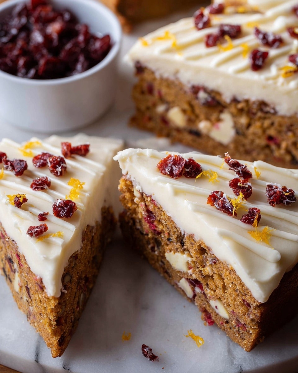 The image shows triangular slices of a cake with two main layers: a light brown cake base with visible bits of dried red cranberries inside, topped with a thick smooth off-white frosting layer, decorated with small dried cranberries and drizzle of white icing, and tiny orange zest sprinkles on top. The slices are arranged on a brown checkered wooden cutting board, with a visible half-cut orange on the side adding a pop of bright orange color. Small crumbs and icing drips are visible around the cake pieces. photo taken with an iphone --ar 4:5 --v 7