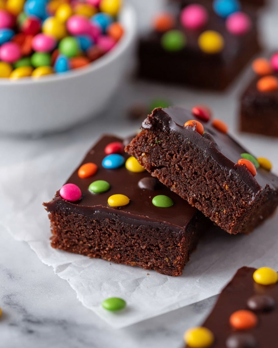 The image shows a close-up of a chocolate brownie cut into two pieces placed on white parchment paper. The brownie has two visible layers: the bottom is a thick, dark brown cake-like layer with a slightly rough texture, and the top is a smooth, glossy, dark chocolate frosting layer. Colorful small candy pieces in red, pink, yellow, green, blue, and orange are scattered on top of the frosting, adding bright spots of color. In the background, there is a white bowl filled with more of these colorful candies, and blurred pieces of brownies with similar candy toppings can be seen around the main brownie. The whole scene is set on a white marbled surface. photo taken with an iphone --ar 4:5 --v 7