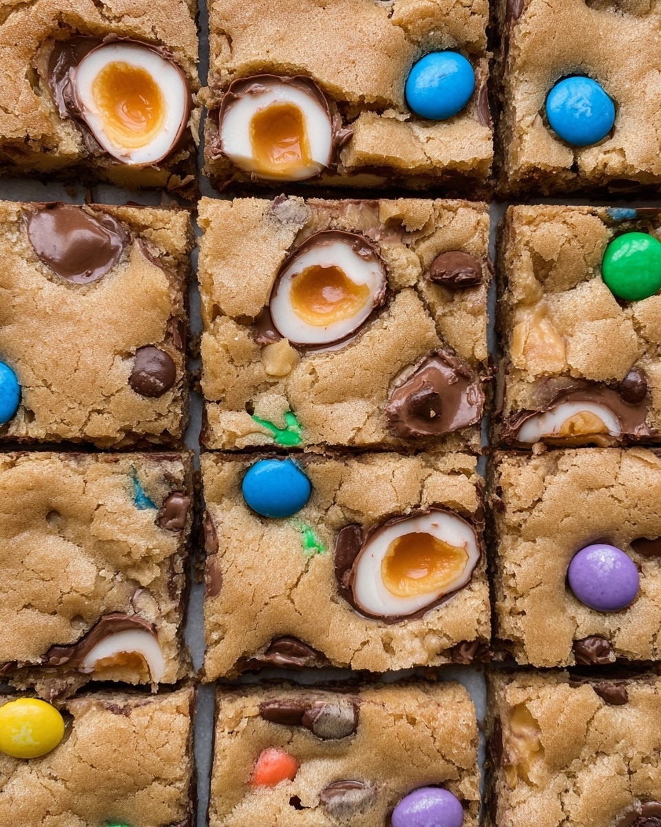 A close-up view of a batch of square-cut cookie bars arranged in a grid. The cookie base is golden brown, slightly cracked with a soft, chewy texture. Scattered throughout and baked into the cookie are colorful candy pieces in blue, green, yellow, purple, and red, plus dark brown chocolate chips. The most noticeable feature is the halved chocolate eggs with orange and white creamy centers evenly placed on top of the cookie bars. The colors of the egg centers contrast well with the cookie dough and candies, creating a playful and inviting look. The background is a white marbled texture. photo taken with an iphone --ar 4:5 --v 7