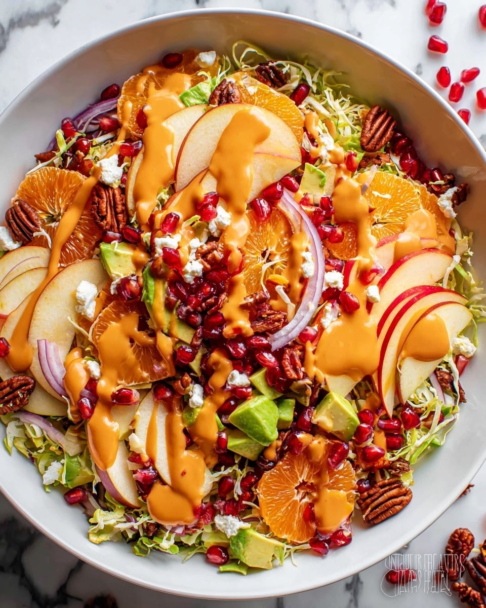 A colorful salad with many layers sits on a white bowl over a white marbled surface. The base layer is light green shredded lettuce, topped with thin slices of red apple and bright orange persimmon slices. Scattered among these are chunks of green avocado and small pieces of white cottage cheese. Thin rings of purple onion add contrast, while whole pecans are spread across the top, giving a rich brown color and rough texture. Bright red pomegranate seeds are scattered evenly, adding sparkle. The entire salad is drizzled with a smooth, golden, creamy dressing that drips in streams across the ingredients. Photo taken with an iphone --ar 4:5 --v 7