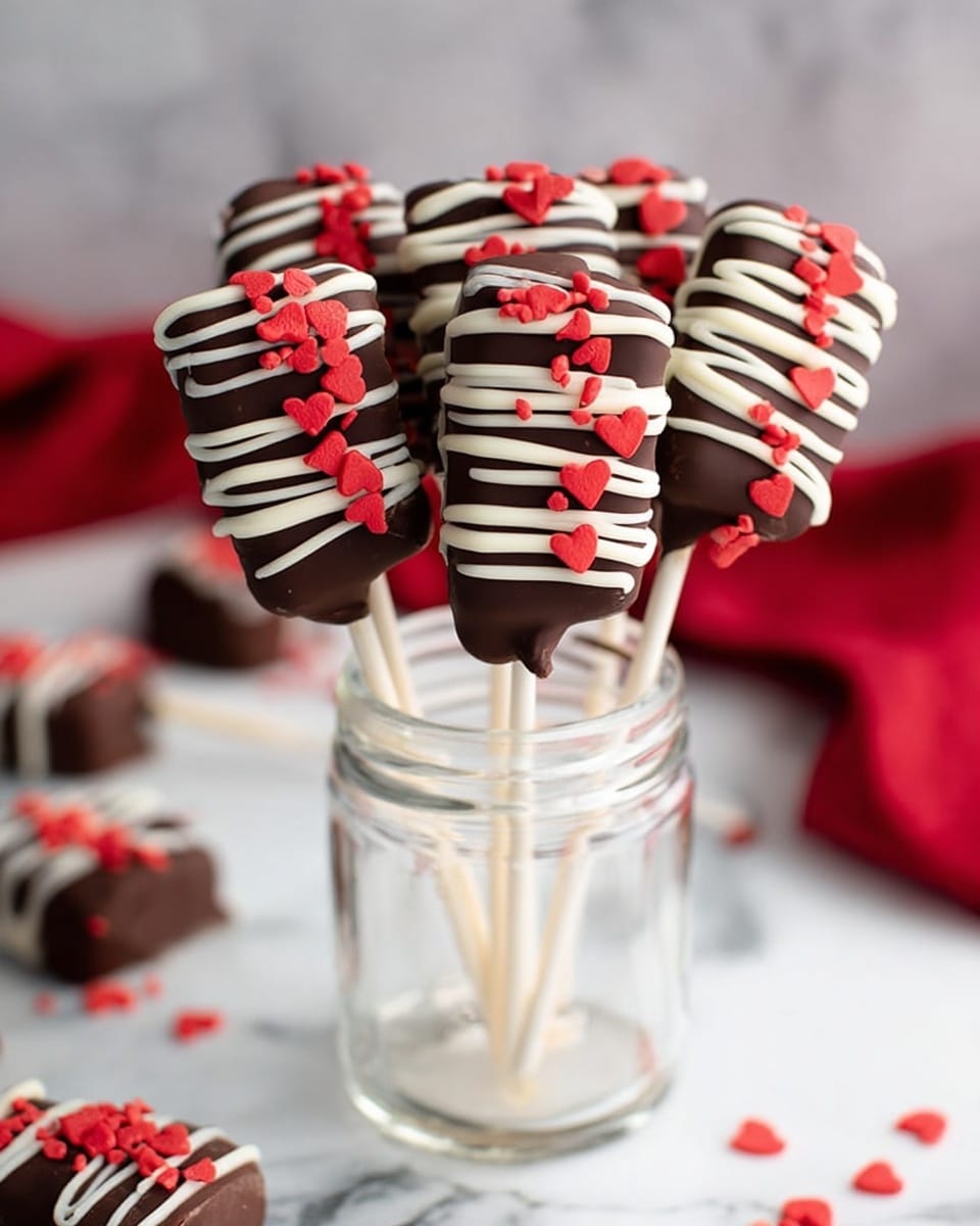 The image shows several three-layered treats on sticks standing in a clear glass jar placed on a white marbled surface. Each treat consists of a smooth dark chocolate coating as the base layer, overlaid with thin, uneven white chocolate drizzle lines in the middle layer, and topped with small, bright red heart-shaped sprinkles that add texture and color on top. The treats are arranged close together in the jar with some scattered red heart sprinkles around it. In the background, more of these treats are visible, slightly out of focus, resting on the white marbled surface. Photo taken with an iphone --ar 4:5 --v 7