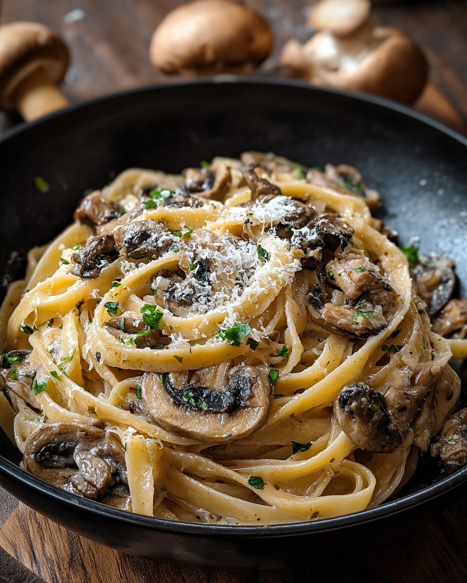 A black bowl holds a serving of creamy light beige fettuccine pasta mixed with sliced brown mushrooms and small bits of green herbs scattered throughout, all lightly coated in a glossy sauce. On top, there is a sprinkle of finely grated white cheese adding a textured look. The pasta sits in twisted layers that show its soft and smooth texture. The image is on a wooden surface with some whole mushrooms in the background. photo taken with an iphone --ar 4:5 --v 7
