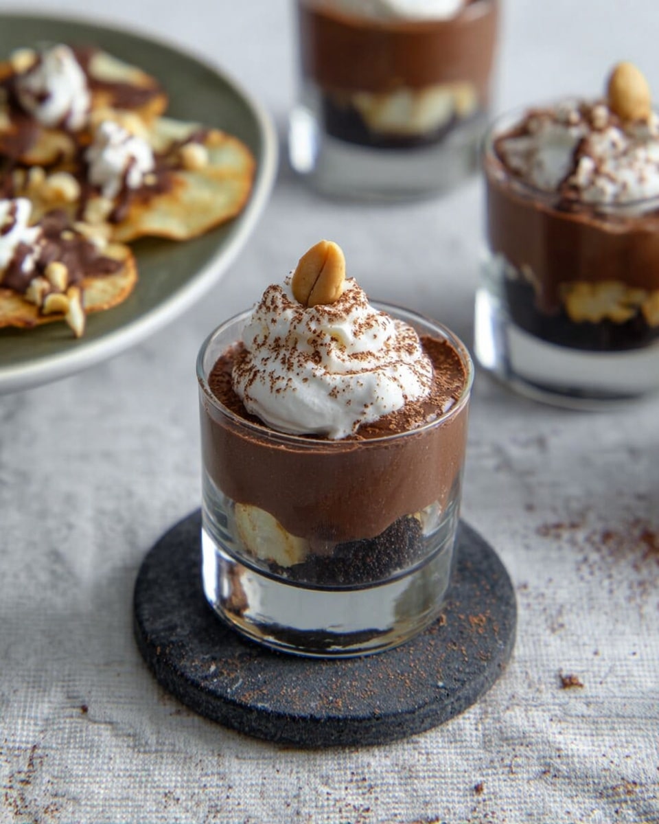 This image shows a small layered dessert in a clear glass placed on a dark gray stone coaster, on a white marbled textured surface. The dessert has four layers: the bottom layer is fine, dark crumbs; the second layer is smooth dark brown chocolate mousse; the third layer is light-colored chopped nuts and small cake pieces; the fourth layer is again a thick dark chocolate mousse topped with a dollop of white whipped cream sprinkled with cocoa powder and a single peanut on top. In the background, a woman's hand is holding a white plate with more small transparent glasses of the same dessert and chocolate-dipped light potato chips with drizzle on top. photo taken with an iphone --ar 4:5 --v 7