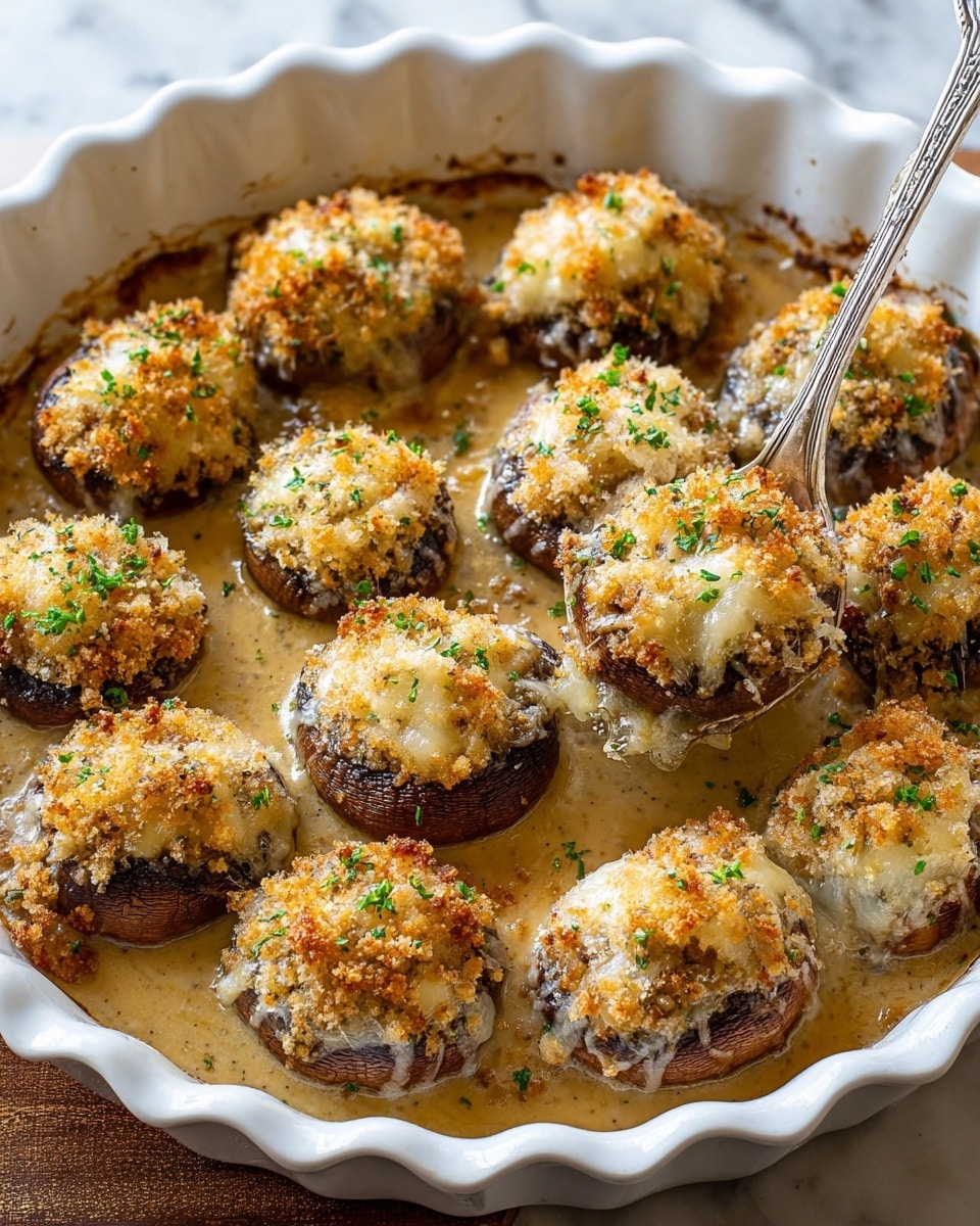 A white scalloped dish holds twelve stuffed mushrooms arranged closely together, each mushroom topped with a golden brown, crispy breadcrumb and cheese layer. The mushrooms have a deep brown color with a soft, cooked texture beneath the crust. Beneath the mushrooms, a creamy, light tan sauce pools around the base, adding moisture and shine. The cheese on top is melted and slightly browned with small green herb sprinkles for color contrast. One mushroom is being lifted by a silver spoon, showing the thick stuffing under the crispy cheese topping. The dish sits on a white marbled surface. Photo taken with an iphone --ar 4:5 --v 7