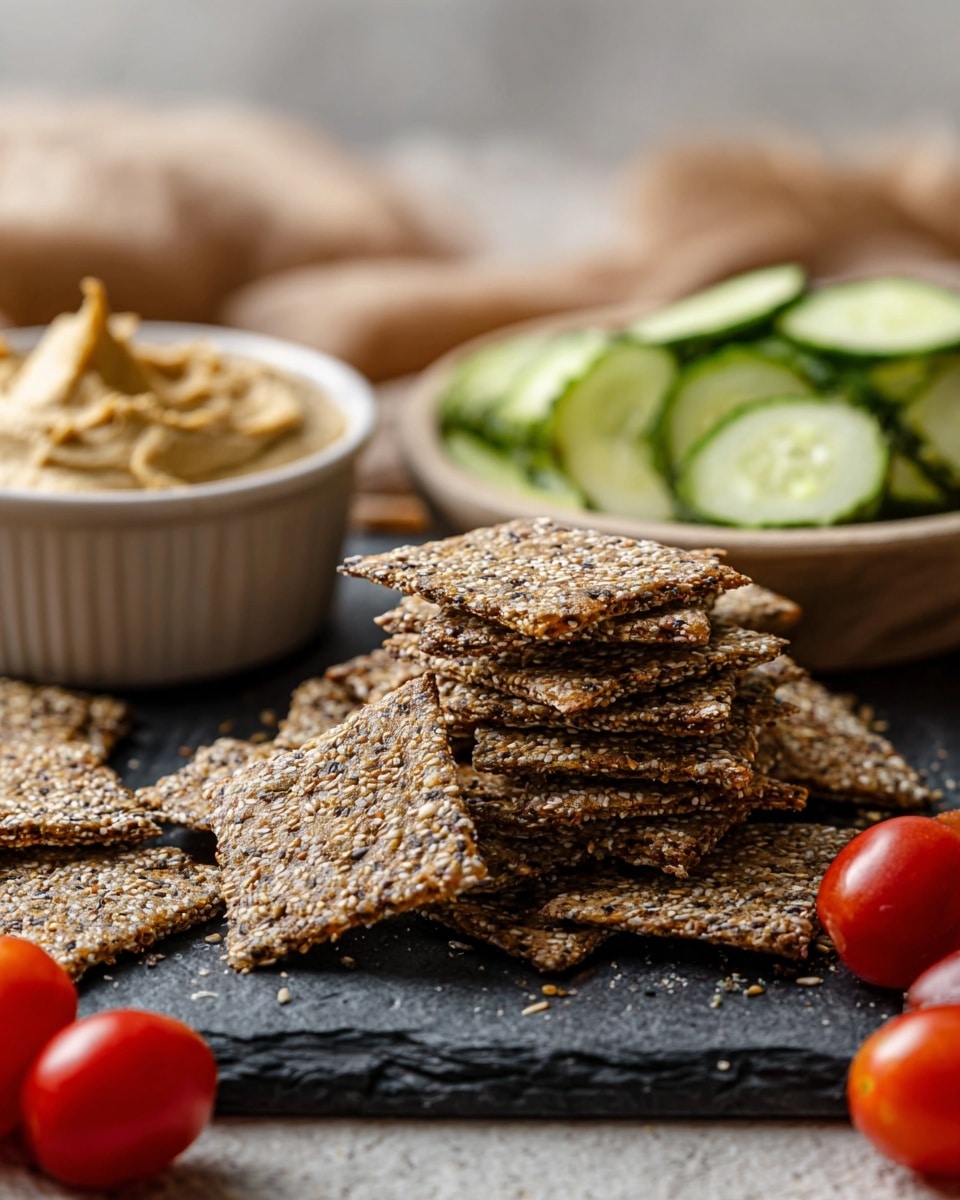 A pile of square, multi-seed crackers with a rough texture and a mix of brown and beige tones sits in the center on a flat white marbled surface. Behind the crackers, there is a clear glass bowl filled with light beige creamy hummus showing soft swirled peaks. To the right, a wooden plate holds thinly sliced cucumber rounds with a fresh green color and several small, glossy red cherry tomatoes scattered on top and around. In the background, a wooden bowl contains more fruits including shiny red and green apples. The scene is arranged closely with a cozy, natural light. photo taken with an iphone --ar 4:5 --v 7