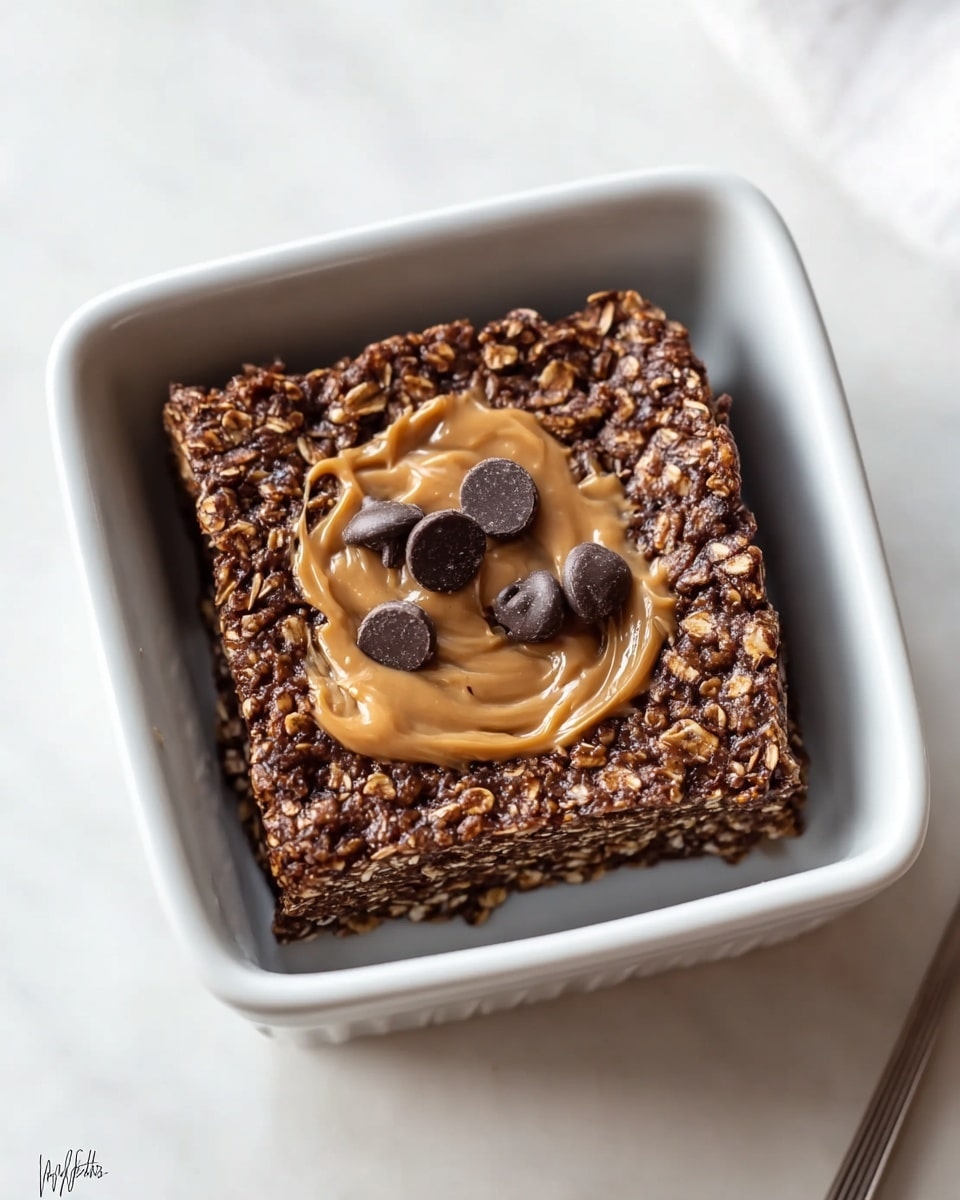 A square oatmeal bar sits inside a small white ceramic dish, showing a rough and dense texture with visible oats throughout. The bar is dark brown, coated evenly, with a glossy swirl of light brown peanut butter spread in the center area. Scattered atop the peanut butter are several small, glossy dark brown chocolate chips, adding contrast and texture. The dish rests on a white marbled surface seen softly in the background. photo taken with an iphone --ar 4:5 --v 7