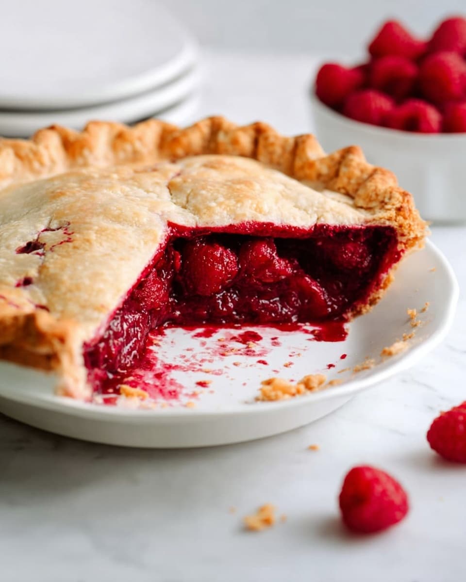 The image shows a raspberry pie with one slice removed, revealing a thick, deep red filling full of raspberries inside. The pie crust is golden brown and slightly flaky, covering the fruit with a top layer. The pie is on a white plate placed on a white marbled surface, with some crumbs around the pie and a few fresh raspberries scattered nearby. In the background, there is a white bowl filled with fresh raspberries. Photo taken with an iphone --ar 4:5 --v 7