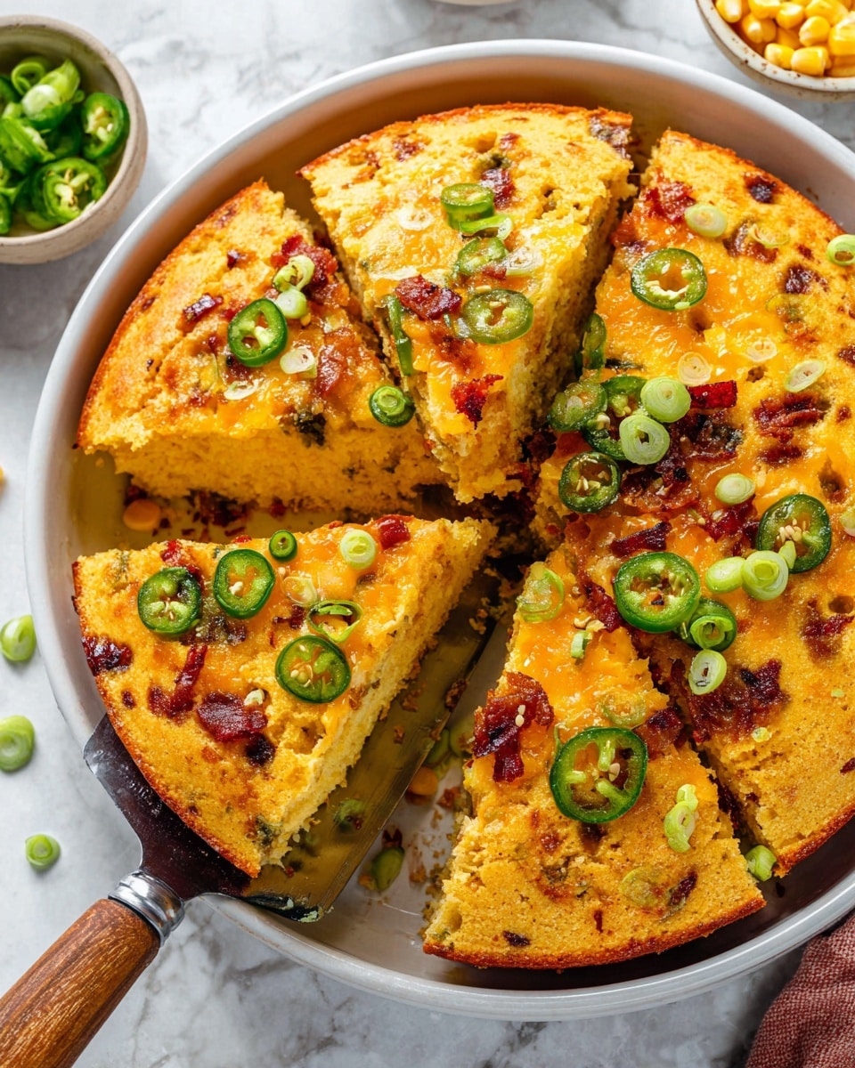 A round white bowl holds a thick, golden cornbread with a slightly crispy top layer studded with melted cheddar cheese, small green jalapeño slices, and browned bits of bacon. The cornbread has been cut into several triangular slices, with one piece removed and resting on a kitchen spatula that has a wooden handle, showing the soft and moist texture inside with a pale yellow color. The top surface is dotted with scattered slices of green onions, adding a fresh touch. The background features a white marbled texture and a few small bowls with corn kernels and green jalapeño slices. Photo taken with an iphone --ar 4:5 --v 7