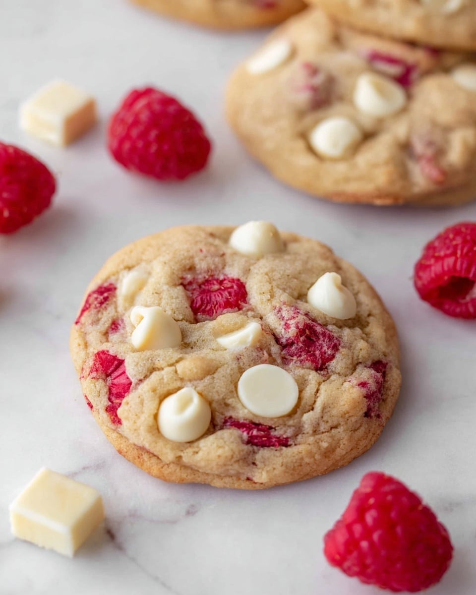 The image shows soft cookies with a light golden-brown base. The cookies have three layers: the main baked dough layer which is light golden and slightly textured, chunks of bright white chocolate scattered on top that look creamy and smooth, and pieces of fresh red raspberries embedded in the dough and on top, adding bright color and texture. There are also several loose raspberries around the cookies, all placed on a white marbled surface. photo taken with an iphone --ar 4:5 --v 7