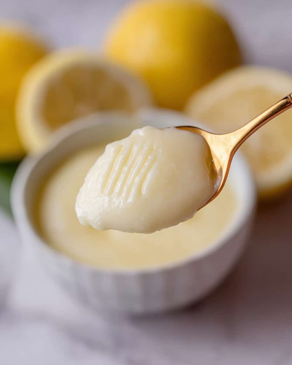A close-up view of a gold spoon holding a scoop of smooth, creamy white lemon curd with faint ridges on its surface. In the soft-focus background, a white bowl filled with more lemon curd is visible along with a partially sliced lemon showing its pale yellow inside, slightly blurred on a white marbled texture. A woman's hand gently holds the spoon from the right side of the image. photo taken with an iphone --ar 4:5 --v 7