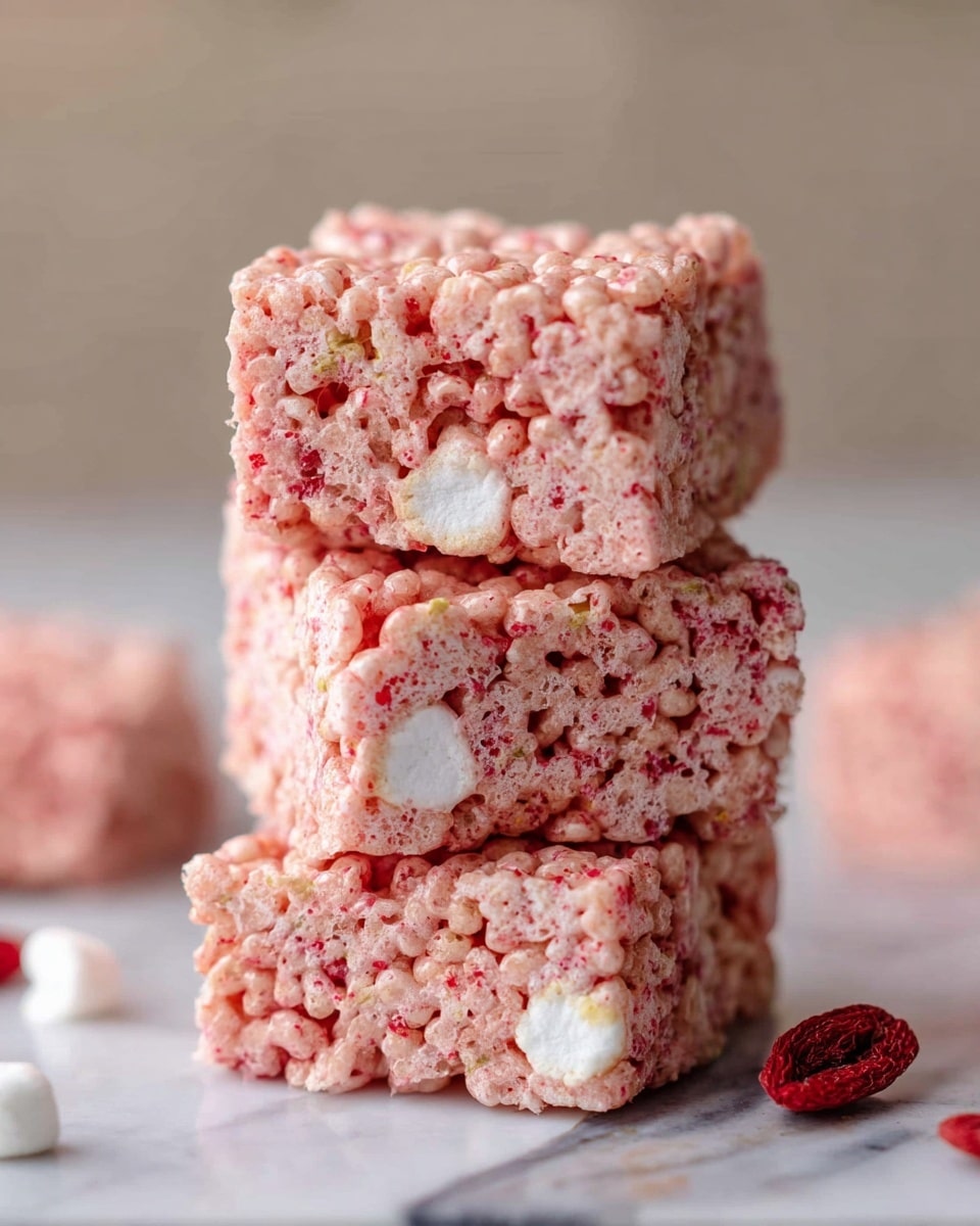 The image shows a stack of three pinkish crispy rice treats with white marshmallows inside, each treat forming a square block with a textured, slightly rough surface. The color is light pink with small red specks throughout, and white fluffy marshmallow pieces are visible within the treats. The stack is placed on a white marbled surface, and around the base, there are a few dried red fruit slices scattered. The background is softly blurred with a neutral tone, keeping the focus on the stacked treats. photo taken with an iphone --ar 4:5 --v 7