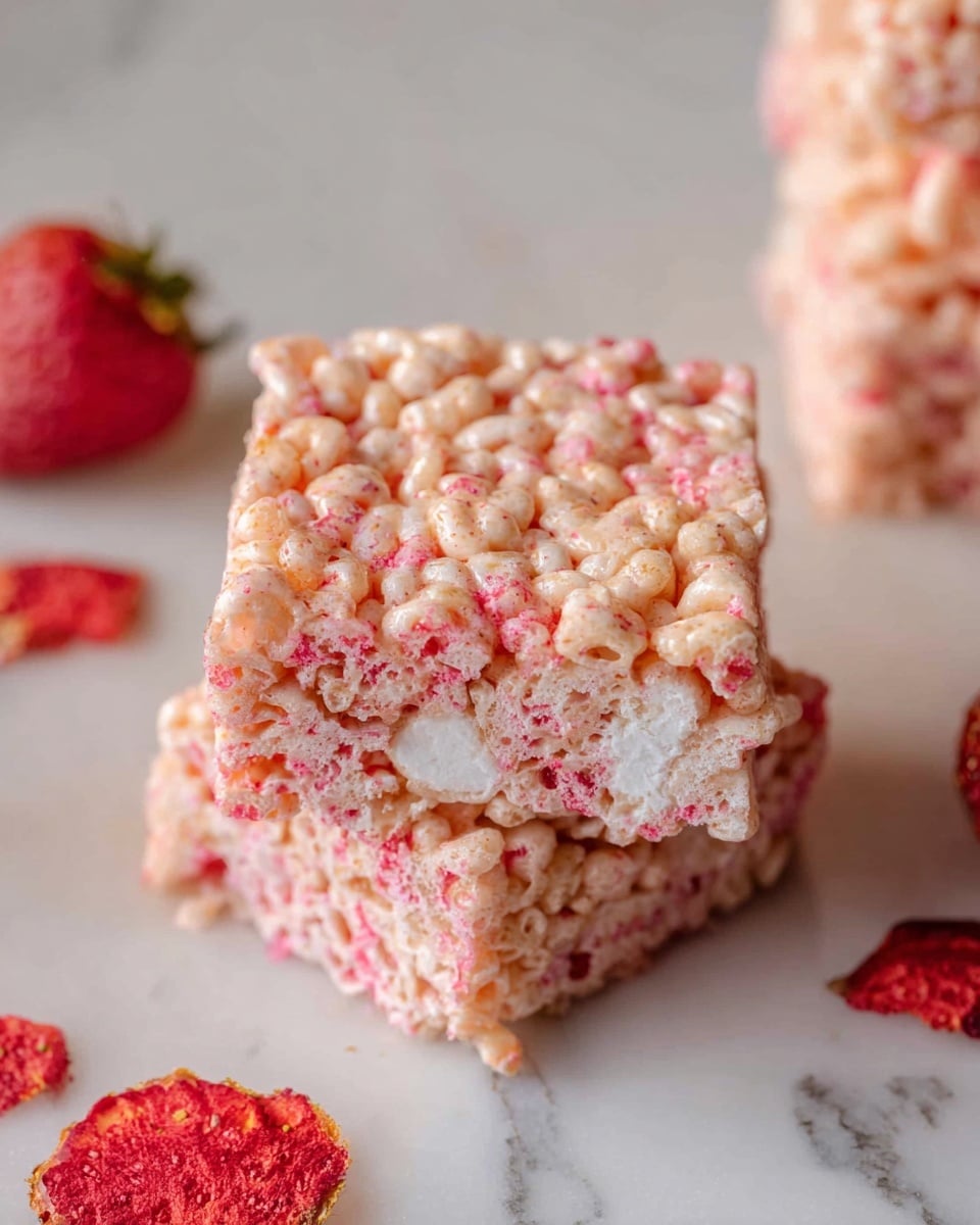 The image shows a close-up of a square-shaped crispy treat made from puffed rice mixed with melted marshmallow, giving it a light beige color with pink-red speckles scattered throughout, likely from strawberry flavoring. The texture looks soft and sticky with visible clumps of puffed rice and small pieces of white marshmallow inside. The treat rests on a clean white marbled surface, with some dried red strawberry slices placed around it for decoration. Another similar treat is partially visible in the background, out of focus. photo taken with an iphone --ar 4:5 --v 7