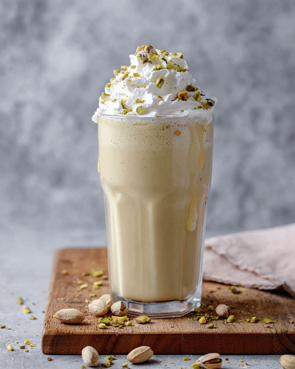 A tall clear glass filled with a creamy beige drink showing a smooth and thick texture. On top, there is a generous swirl of white whipped cream sprinkled with small pieces of green and light brown pistachios. The drink slightly overflows, with some dripping down the sides of the glass. The glass sits on a wooden board scattered with pistachio shells and bits. The background is a white marbled texture with a soft, blurry gray area behind the glass. photo taken with an iphone --ar 4:5 --v 7