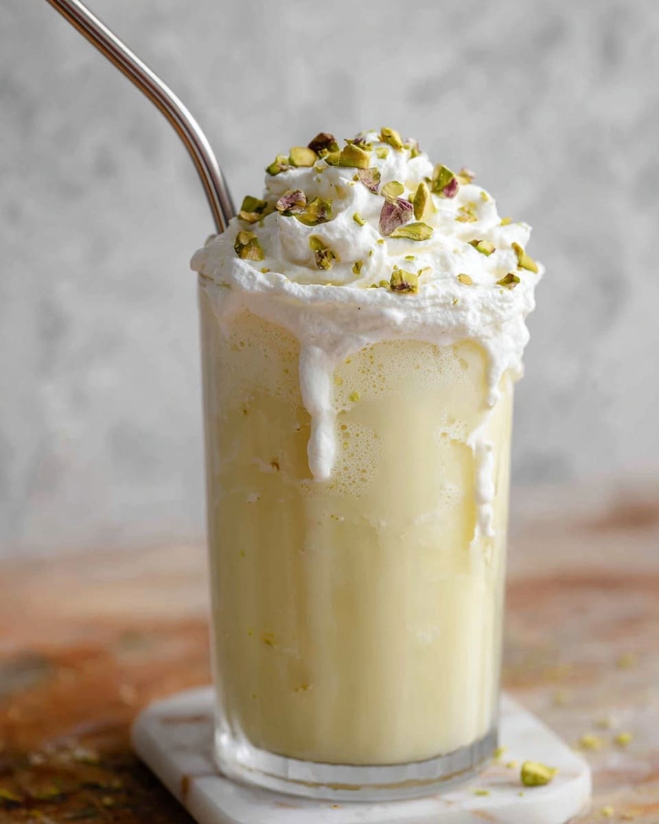 A tall clear glass filled with a creamy pale yellow drink, topped with a thick layer of white whipped cream that slightly overflows down the sides in soft drips. The whipped cream is sprinkled with small green and brown chopped pistachio pieces scattered evenly on top. A metal straw is inserted on the left side of the glass. The glass sits on a coaster made of white marble overlapping a wooden surface with a white marbled texture background behind it. photo taken with an iphone --ar 4:5 --v 7