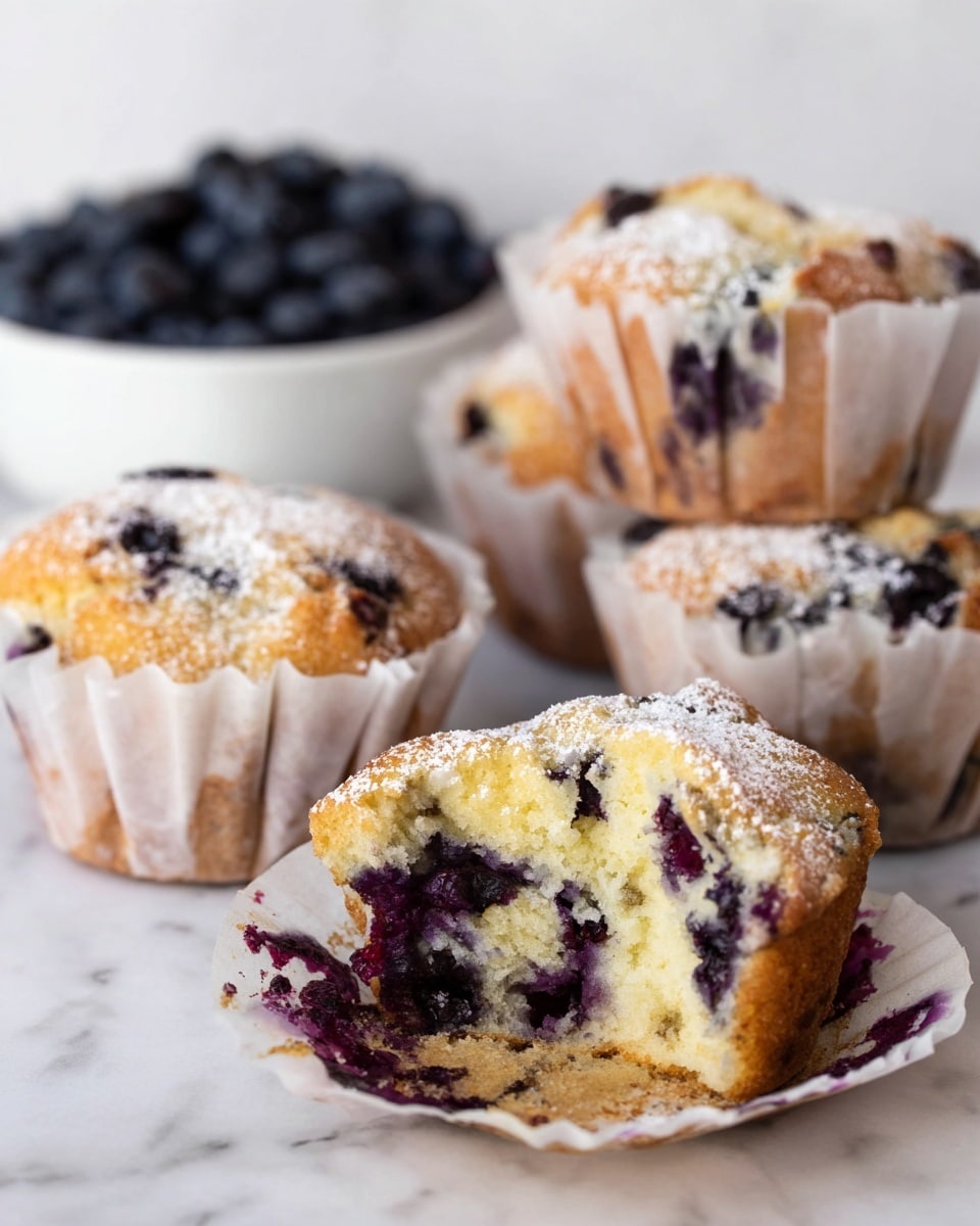 The image shows blueberry muffins on a white marbled surface. There are four muffins in total, three whole muffins in white paper liners positioned at the back, and one muffin in the front that is broken open to show the inside. The muffin’s inside is light yellow with many dark purple blueberries scattered throughout. The muffin’s top is golden brown with a light dusting of powdered sugar. In the background, there is a white bowl filled with fresh blueberries, slightly out of focus. The texture of the muffin appears soft and moist, with bits of blueberry juice staining the paper liner in purple. photo taken with an iphone --ar 4:5 --v 7