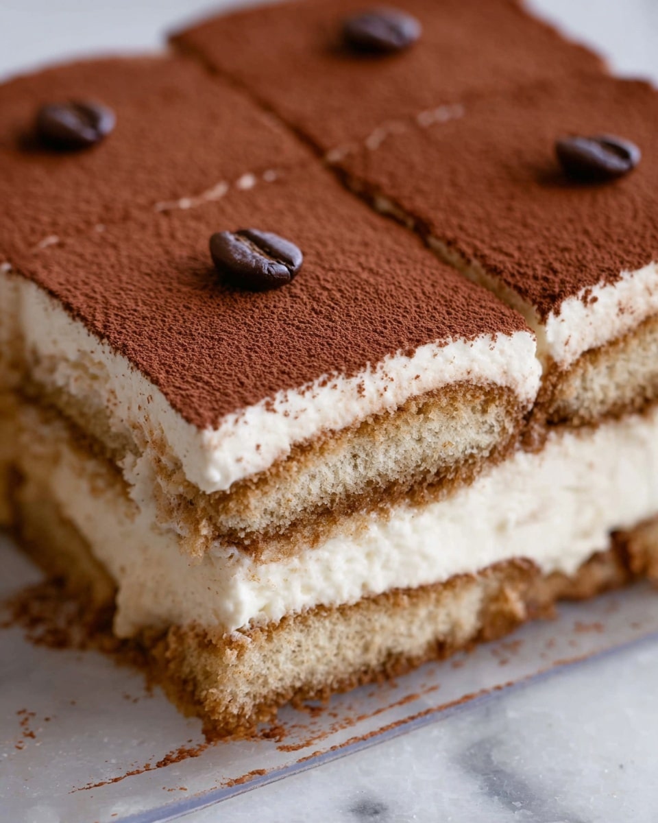 This image shows a close-up of a rectangular layered tiramisu dessert with three visible layers. The bottom and middle layers are light brown coffee-soaked sponge cake, rough in texture. Between these are two creamy white mascarpone cheese layers, smooth and thick. The top layer is powdery dark brown cocoa dusting, divided into four square sections with a single dark brown coffee bean placed in the center of three visible sections. The dessert is in a clear container placed on a white marbled surface. photo taken with an iphone --ar 4:5 --v 7