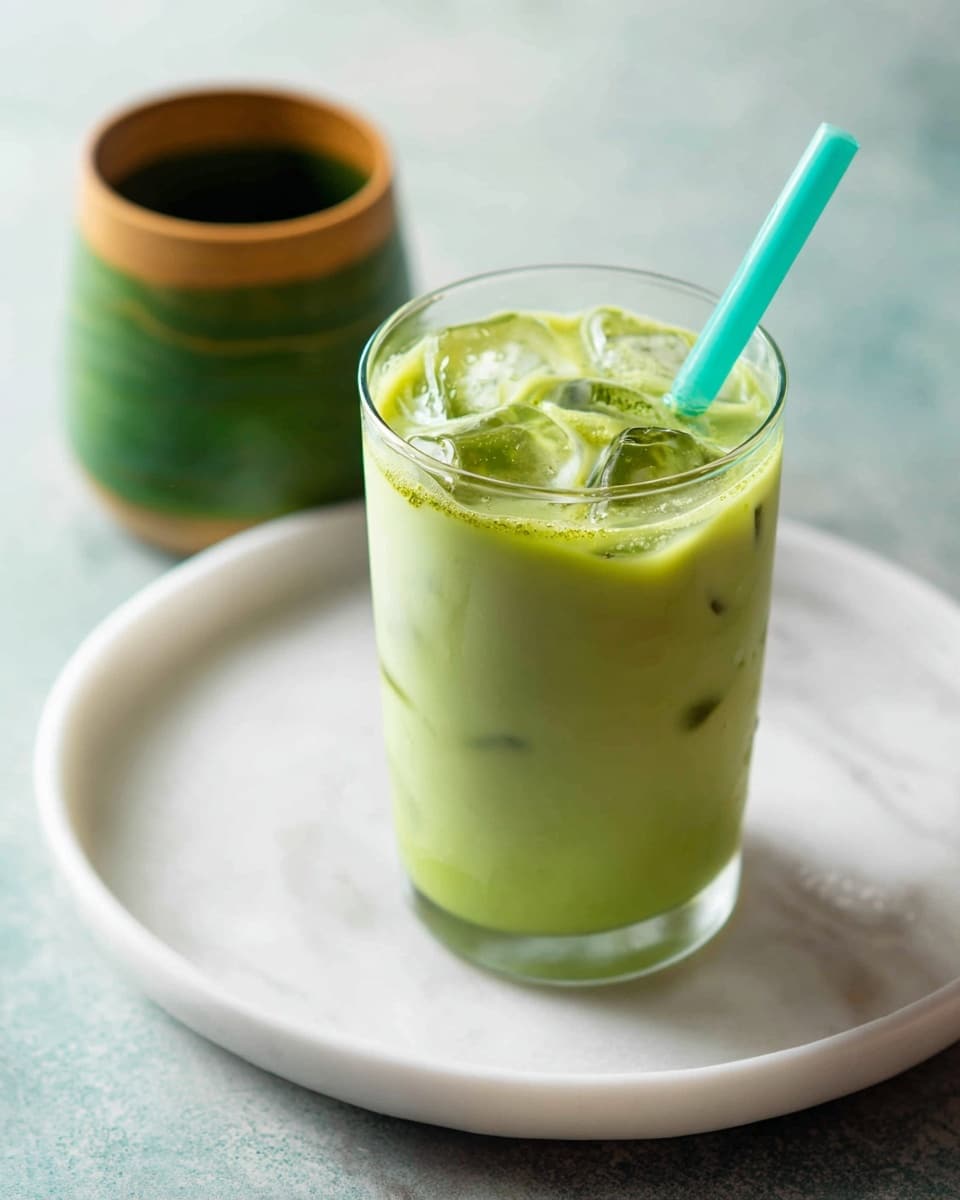 A clear glass filled with a light green iced matcha drink sits on a white plate with a white marbled texture beneath it. The drink has visible ice cubes inside and a foamy light green layer on top. A turquoise straw is placed upright in the drink. In the background, a small green bamboo cup with a natural wood rim is slightly blurred. Photo taken with an iphone --ar 4:5 --v 7
