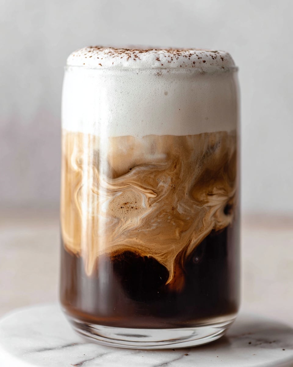 A clear glass filled with three layers of a coffee drink stands on a white marbled surface. The bottom layer is dark brown coffee with a smooth, almost black texture. Above it, a middle layer shows swirling light brown cream mixing softly into the coffee below, creating wavy, flowing patterns. The top layer is thick, white foam with a slightly uneven surface, dusted with small dark brown specks of cocoa powder. The glass edges reflect light on a soft, neutral background. photo taken with an iphone --ar 4:5 --v 7