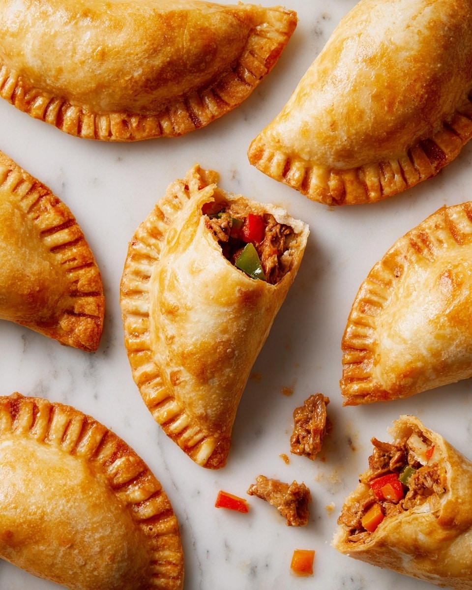 Several golden-brown empanadas with flaky, shiny crusts are arranged on a white marbled surface. The empanadas have crimped edges creating a neat pattern around the crescent shapes. One empanada is cut open, revealing a colorful filling layered inside: chunks of tender brown meat mixed with red and green bell peppers and orange vegetables, showing a moist and textured interior. Small pieces of the filling have spilled out, adding a lively touch to the composition. Photo taken with an iphone --ar 4:5 --v 7