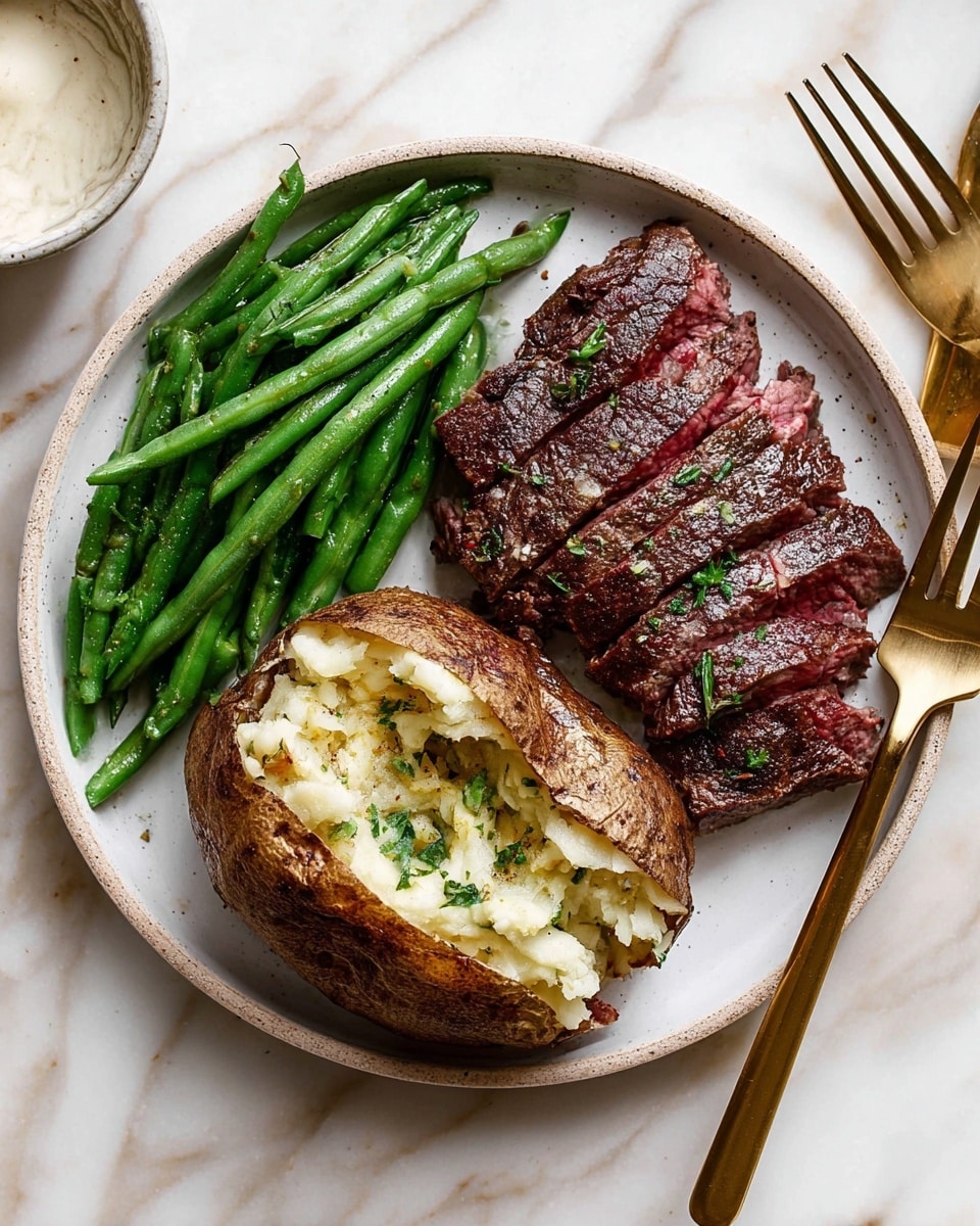 A white plate holds a meal with three items: on the left side, a pile of bright green cooked green beans with a slightly shiny texture; in the upper center and right, a large piece of cooked steak, mostly whole but with some slices showing a pink inside and dark brown, slightly crispy outside, sprinkled with small green herbs; in the lower center, a baked potato with a rough light brown skin split open, revealing soft, fluffy white mashed potato inside, topped with melted butter and small green herb pieces. The plate is set on a white marbled surface with a gold fork to the right and a small bowl with a creamy white sauce partially visible at the top. photo taken with an iphone --ar 4:5 --v 7