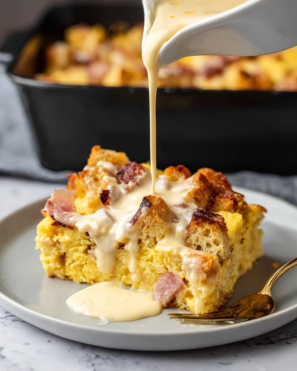 A thick slice of a yellow egg casserole with visible airy texture is on a white plate, topped with chunks of browned ham and crispy golden bread pieces on the surface. Creamy white sauce with a smooth, slightly thick texture is being poured from above, flowing down the front of the casserole, pooling slightly on the plate. The casserole slice sits close to a black baking dish filled with more of the same casserole. The entire scene is set on a white marbled texture background. Photo taken with an iphone --ar 4:5 --v 7