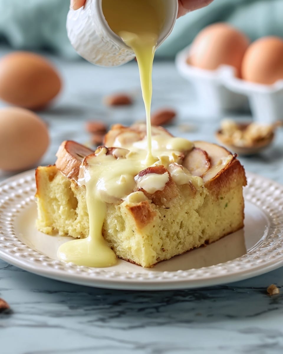 A square piece of light yellow bread pudding with a soft, spongy texture sits in the center of a white plate with a raised decorative edge. On top of the bread pudding are several thin, curved slices of browned turkey. Creamy pale yellow sauce is being poured over the turkey from above by a woman's hand, creating a smooth, flowing layer that begins to cover the top. The background shows a white marbled surface with blurred objects including eggs and nuts. Photo taken with an iphone --ar 4:5 --v 7