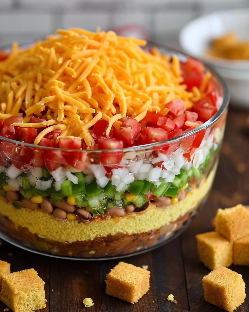A clear glass bowl holds a seven-layer dip with distinct colorful layers. The bottom layer is a light yellow cornbread with some brown toasted edges, followed by a layer of light brown beans. Above the beans is a bright yellow corn layer, topped by crisp green bell pepper pieces. Next is a layer of white chopped onions, then vibrant red tomato chunks. The dip is finished with a thick layer of shredded orange cheddar cheese on top. The bowl is on a dark wooden surface with a few cornbread cubes nearby, and a white marbled background is visible. Photo taken with an iphone --ar 4:5 --v 7