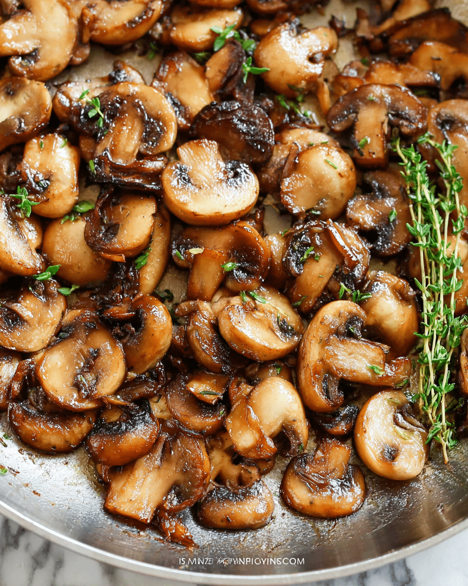 The image shows a pan filled with cooked sliced mushrooms that are golden brown with some darker caramelized edges, giving them a shiny and slightly oily texture. The mushrooms vary in size and thickness, scattered unevenly inside the pan. Among the mushrooms, small green herb leaves, likely thyme, are sprinkled on top, adding a touch of fresh green color. One sprig of thyme lies prominently in the middle right side of the pan, with its green leaves standing out against the brown mushrooms. The pan surface is metallic, reflecting some light, and the whole scene rests on a white marbled texture background. photo taken with an iphone --ar 4:5 --v 7