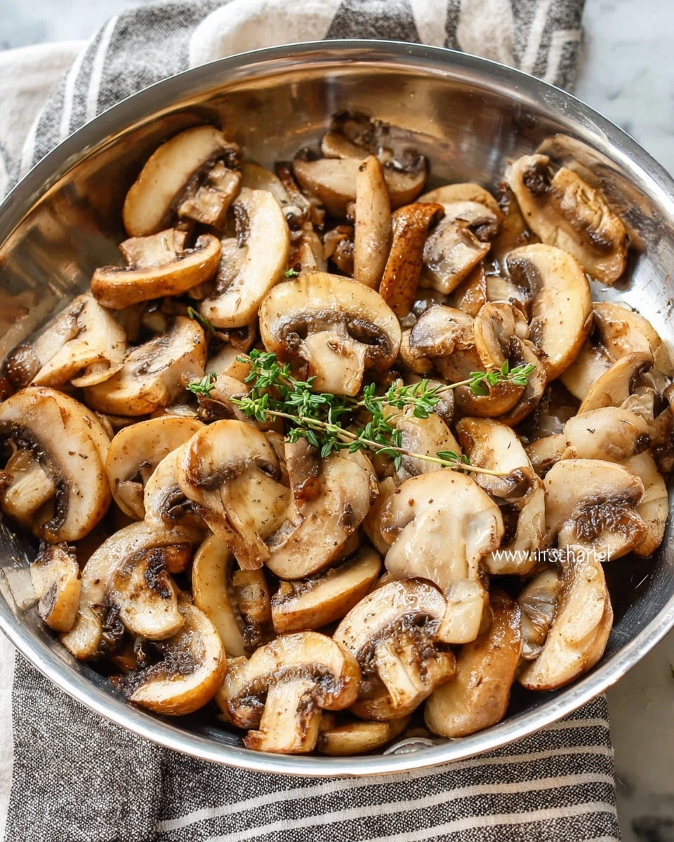 The image shows a silver pan filled with several slices of cooked mushrooms, varying slightly in size and shape, with a light brown and creamy color, some of them browned from cooking. The mushrooms have a soft texture with visible gills and stems, spread evenly across the pan. There is a small sprig of fresh green herbs placed on top for garnish. The pan is placed on a white marbled textured surface with a striped cloth partially visible beneath it. photo taken with an iphone --ar 4:5 --v 7