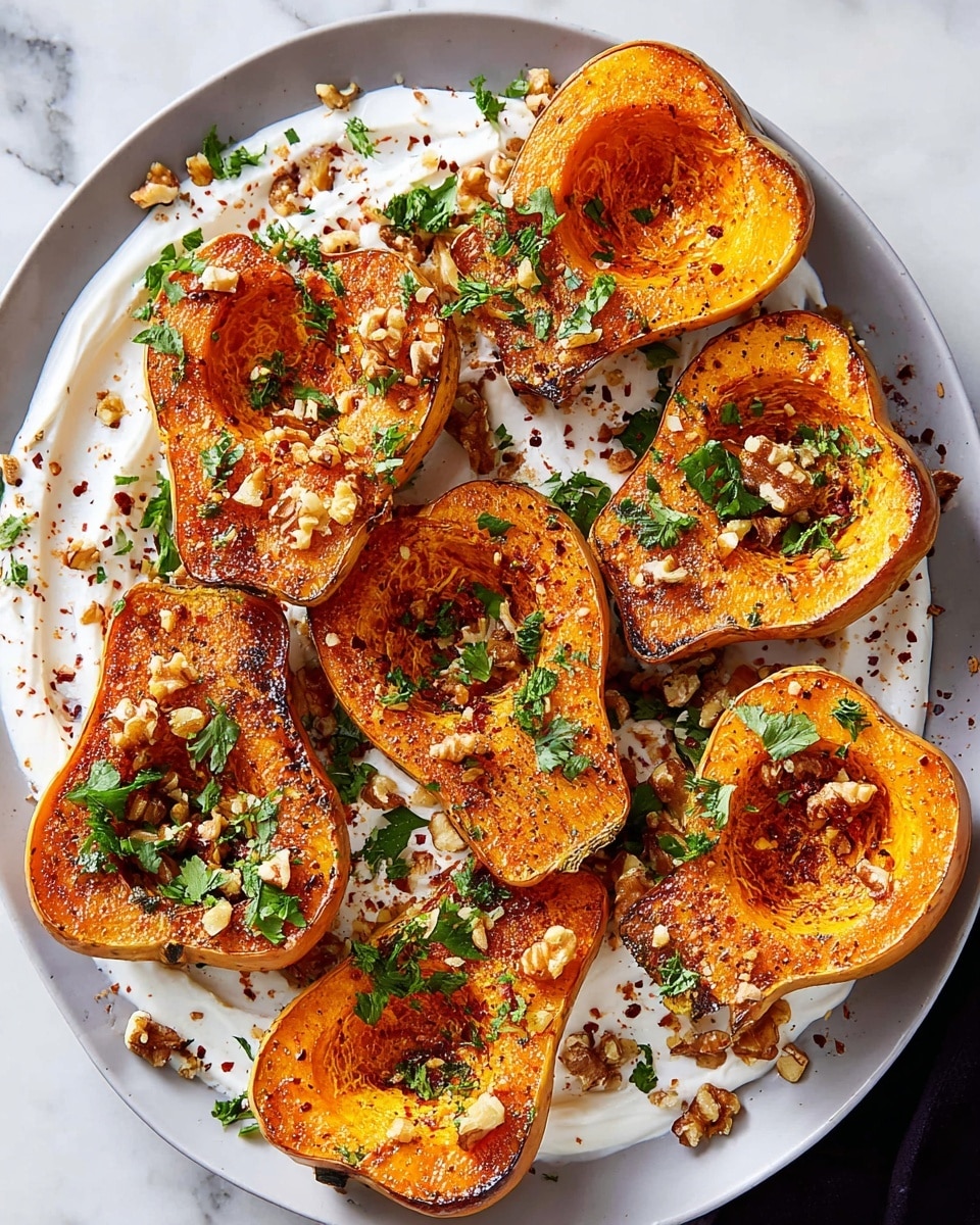 The dish shows eight halves of roasted butternut squash arranged on a white plate. Each butternut squash half is golden orange with slightly crispy, browned edges and a textured inside cavity where the seeds were removed. Underneath and around the squash halves is a creamy white sauce spread unevenly in soft swirls, creating a smooth contrast. The butternut squash pieces are sprinkled with chopped green herbs, crushed walnuts, and red chili flakes, adding green, brown, and red specks over the orange squash. The surface beneath the plate is a white marbled texture. photo taken with an iphone --ar 4:5 --v 7