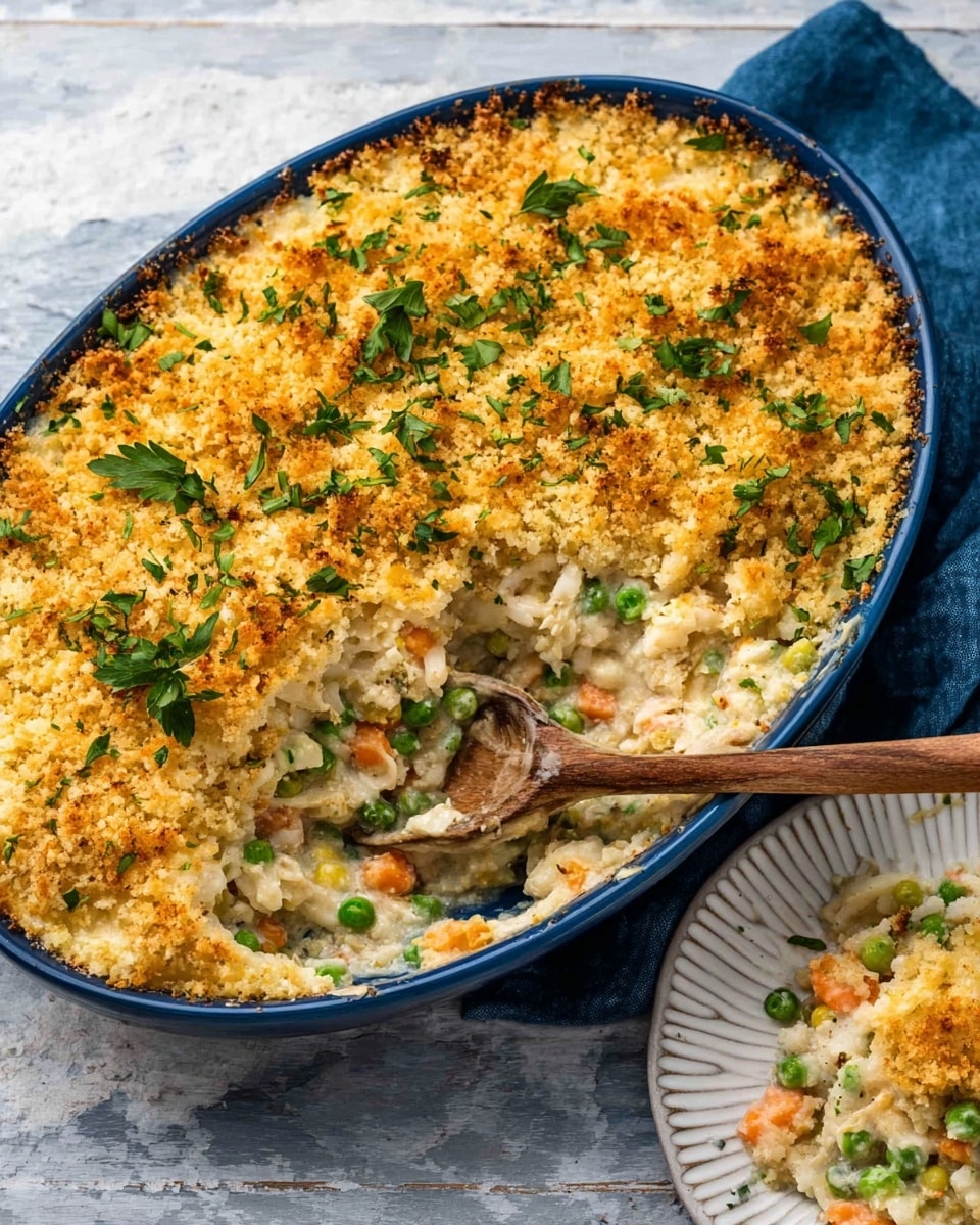 The image shows a baked casserole in a blue oval dish placed on a white marbled surface. The top layer is golden and crumbly, sprinkled with fresh green parsley leaves. Below the golden crust, there is a creamy layer mixed with white rice, small green peas, and orange carrot pieces, giving a varied texture and color. On the side, a white textured plate holds a scoop of the casserole with a wooden utensil nearby, revealing the creamy and chunky inside layers. The dish looks warm and freshly baked. photo taken with an iphone --ar 4:5 --v 7